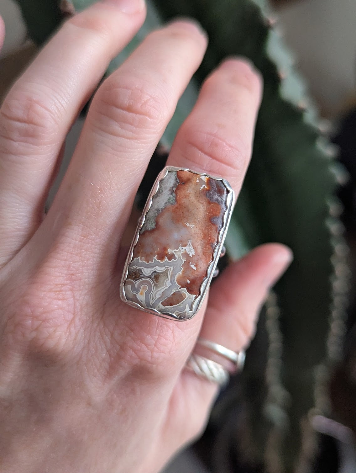 Large Crazy Lace Agate Rectangle Silver Ring - Size 8