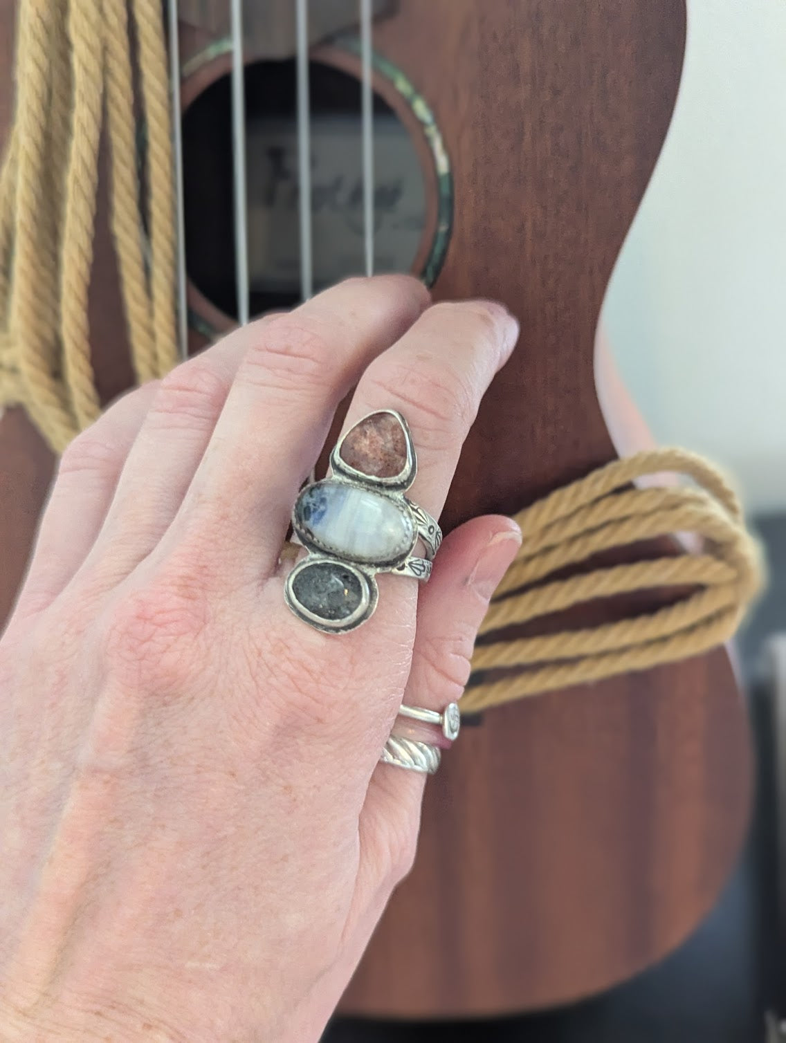 Strawberry Quartz, Moonstone, Dot Rutile Quartz Silver Trio RIng - Size 8