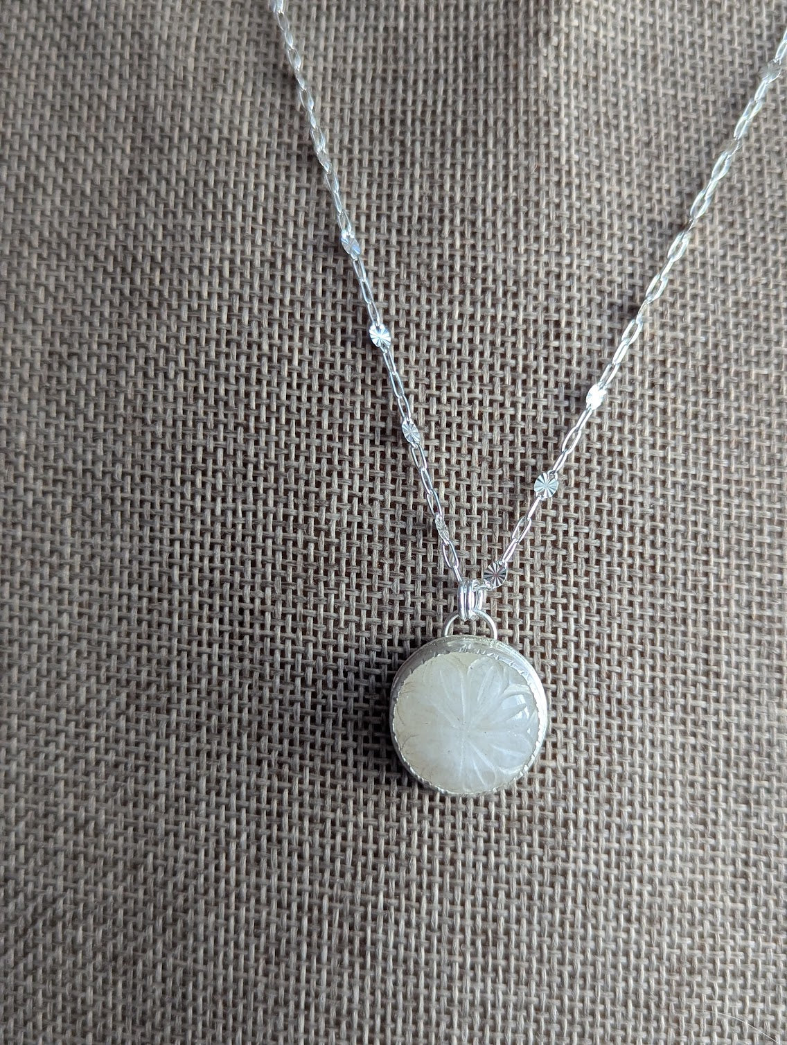 Carved Rainbow Moonstone Silver Necklace