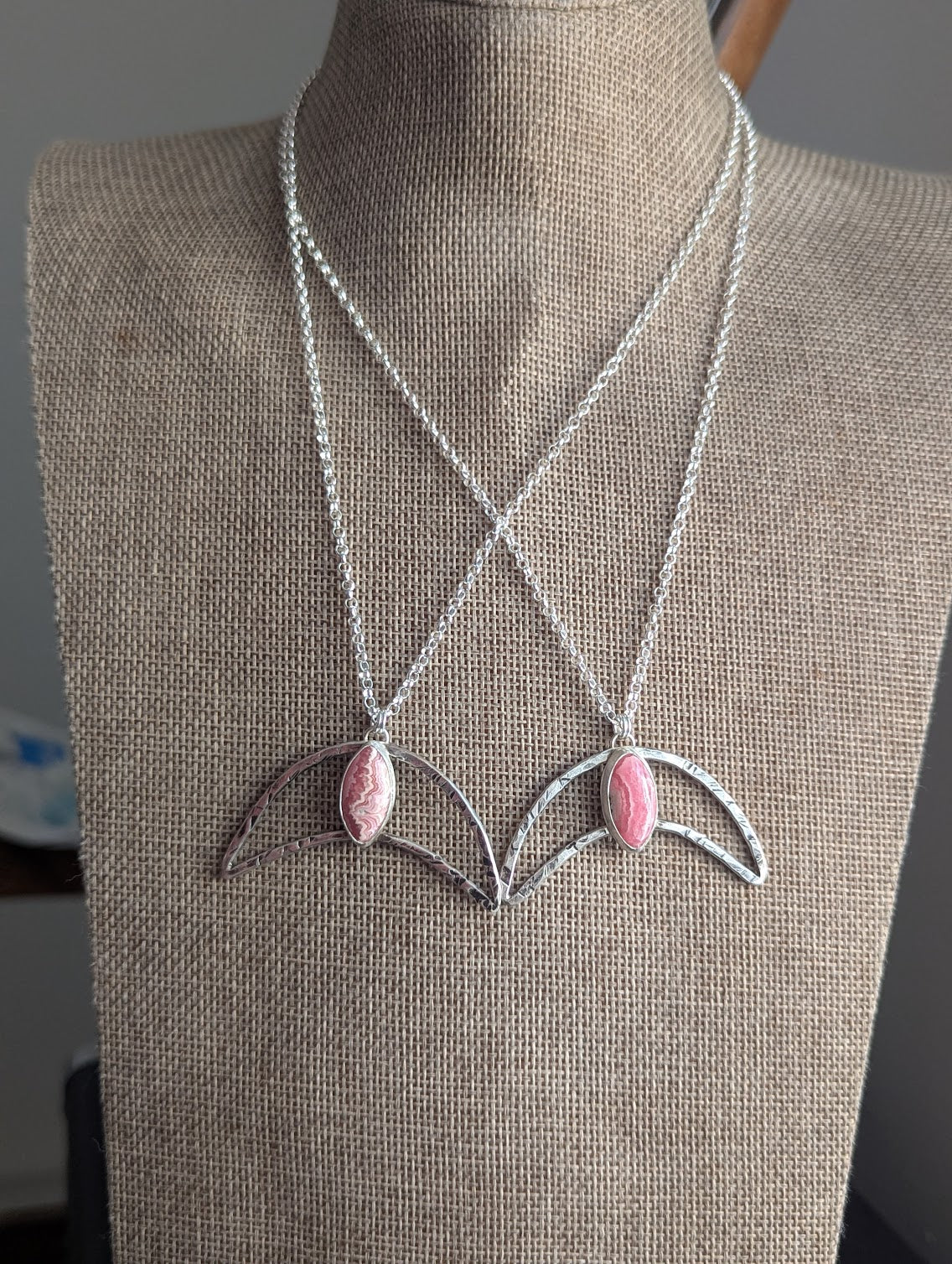 Hammered Crescent Rhodocrosite Silver Necklace