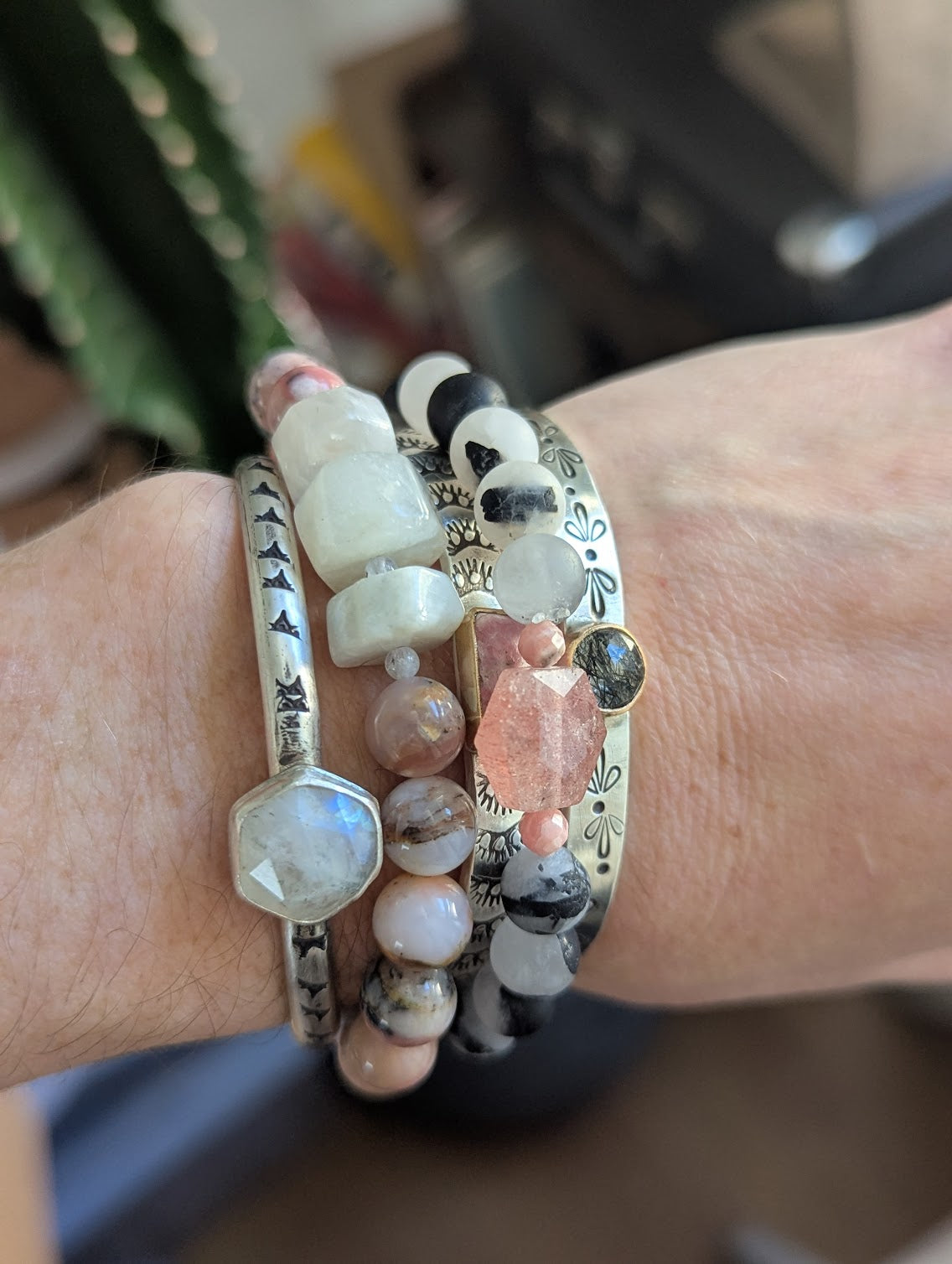 Limited Edition! Matte Black Tourmaline Quartz and Strawberry Quartz Stretch Bracelet (Various Sizes Available)