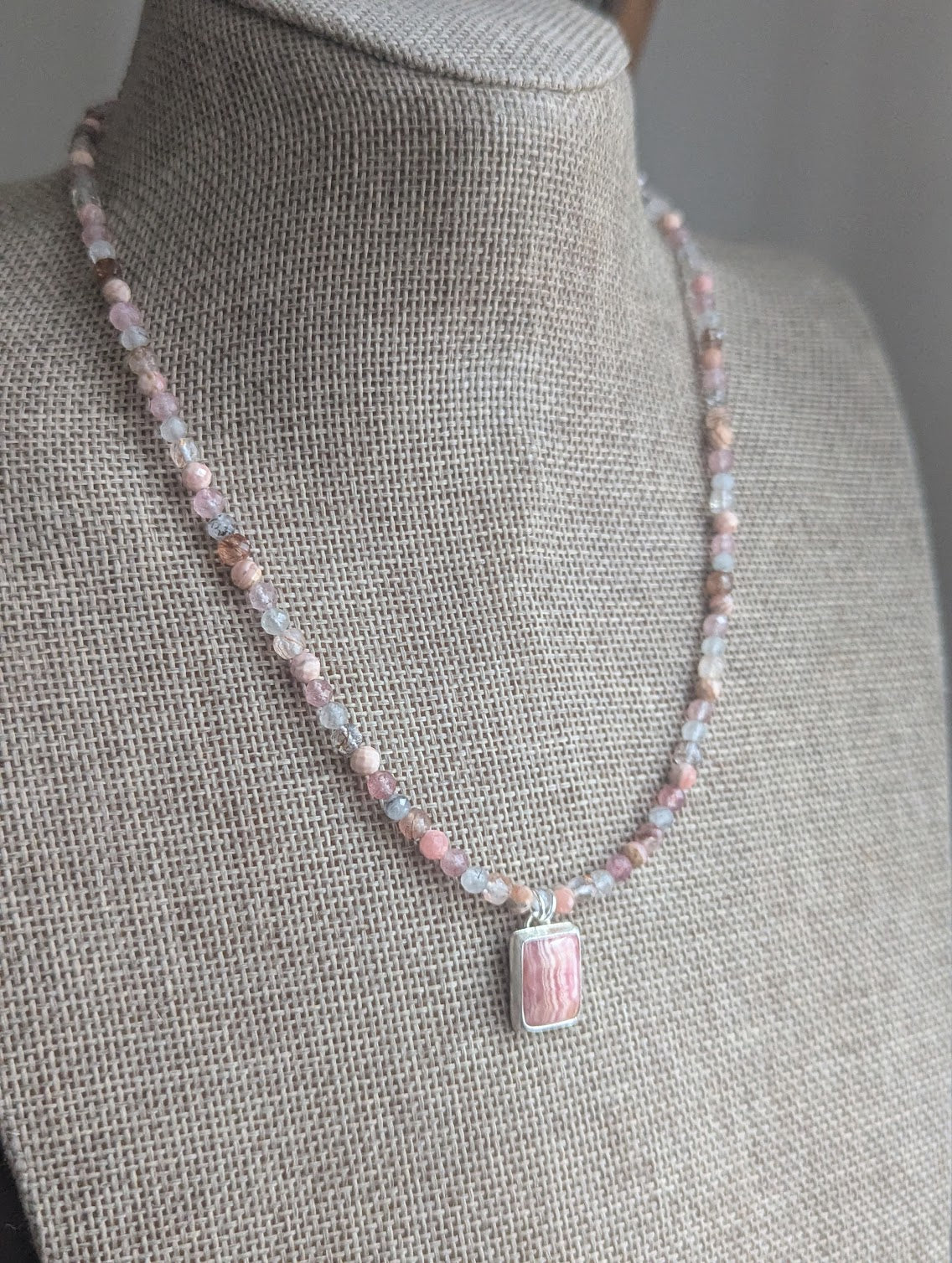 Rhodocrosite, Strawberry Quartz, Tourmaline Beaded Sterling Silver Necklace