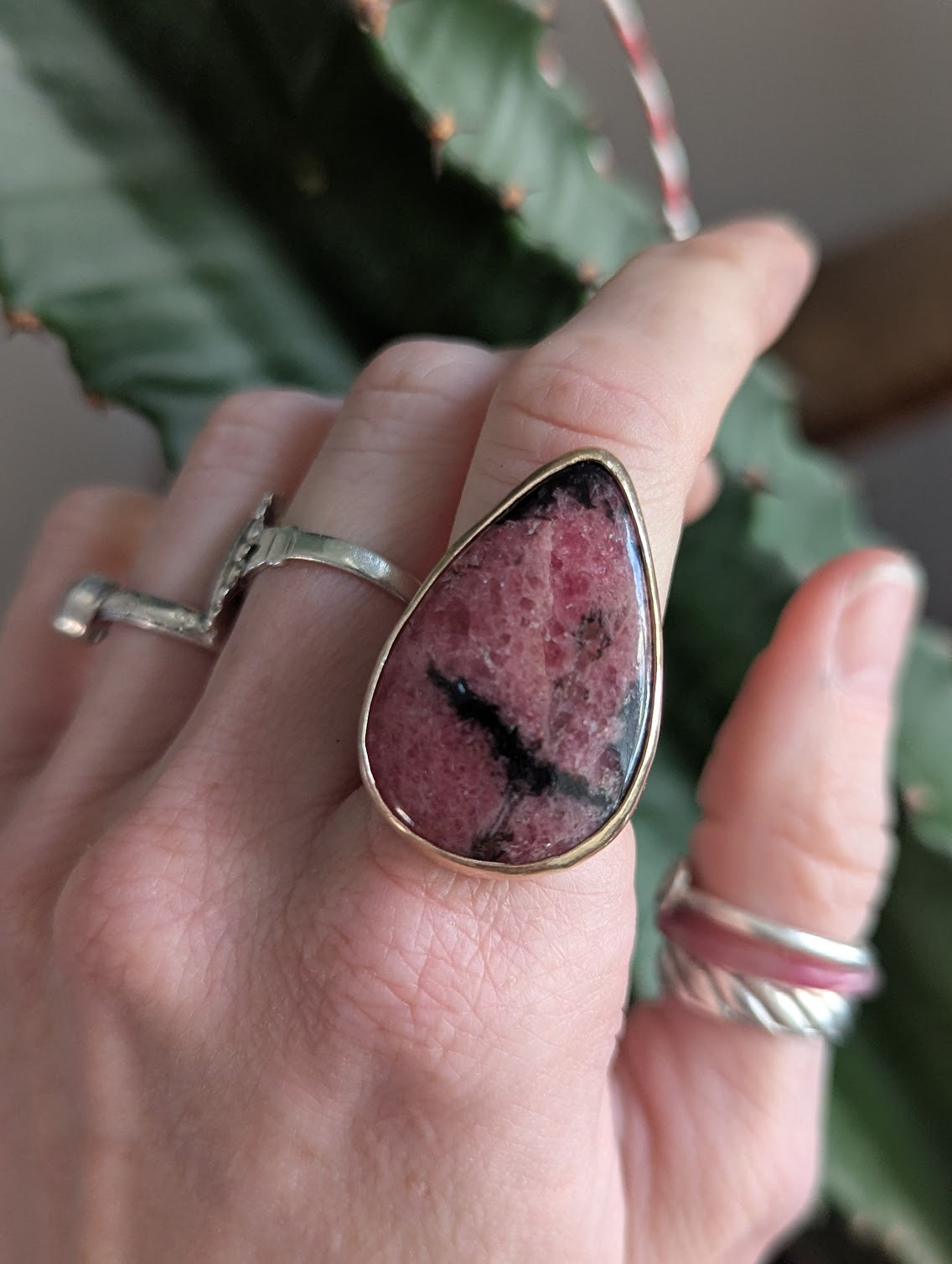 Rhodonite Tear Drop Gold and Silver Statement Ring - Size 7