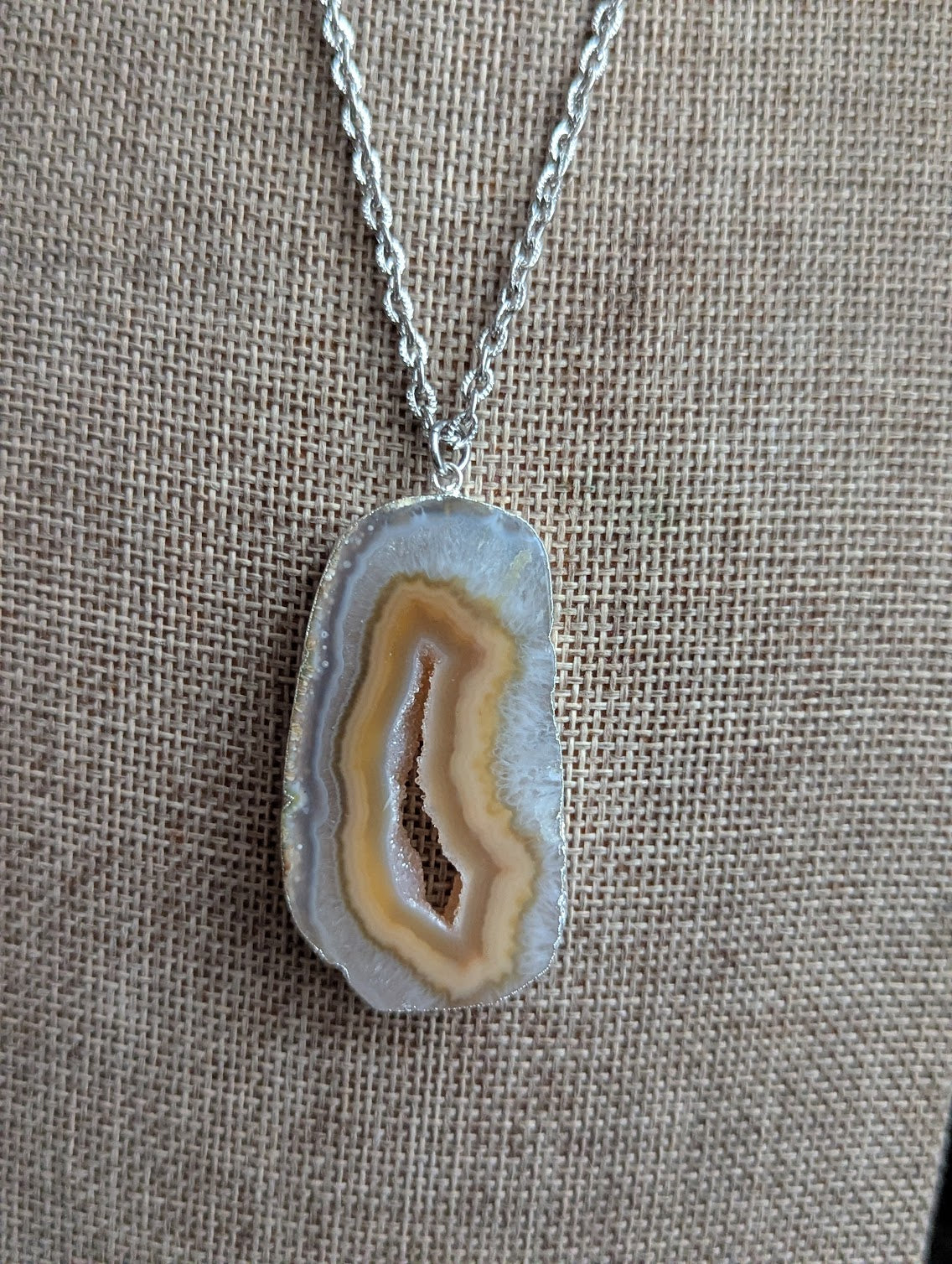 Large Yellow Agate Slice Silver Necklace