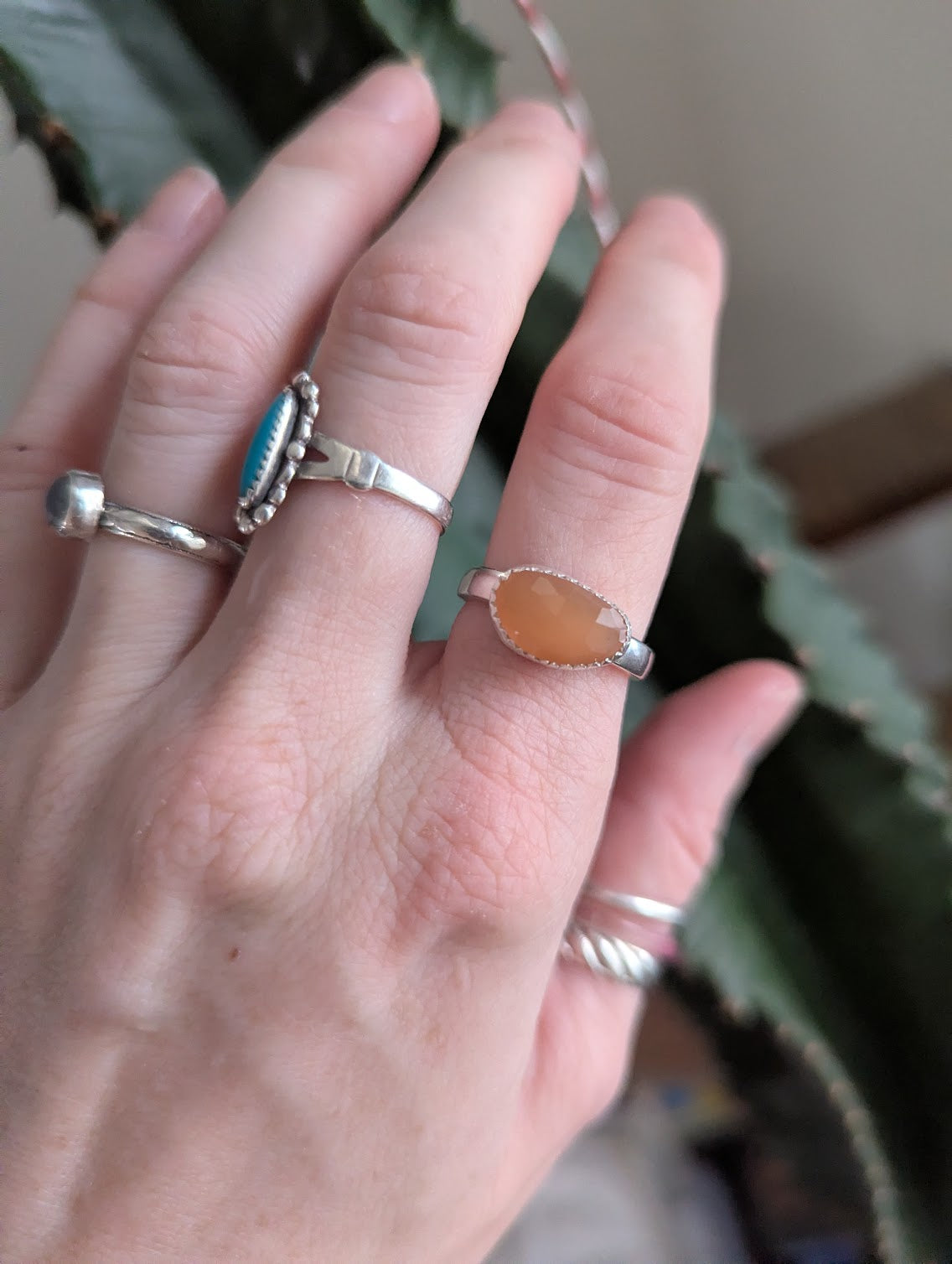 Faceted Peach Moonstone Silver Ring - Size 7.5