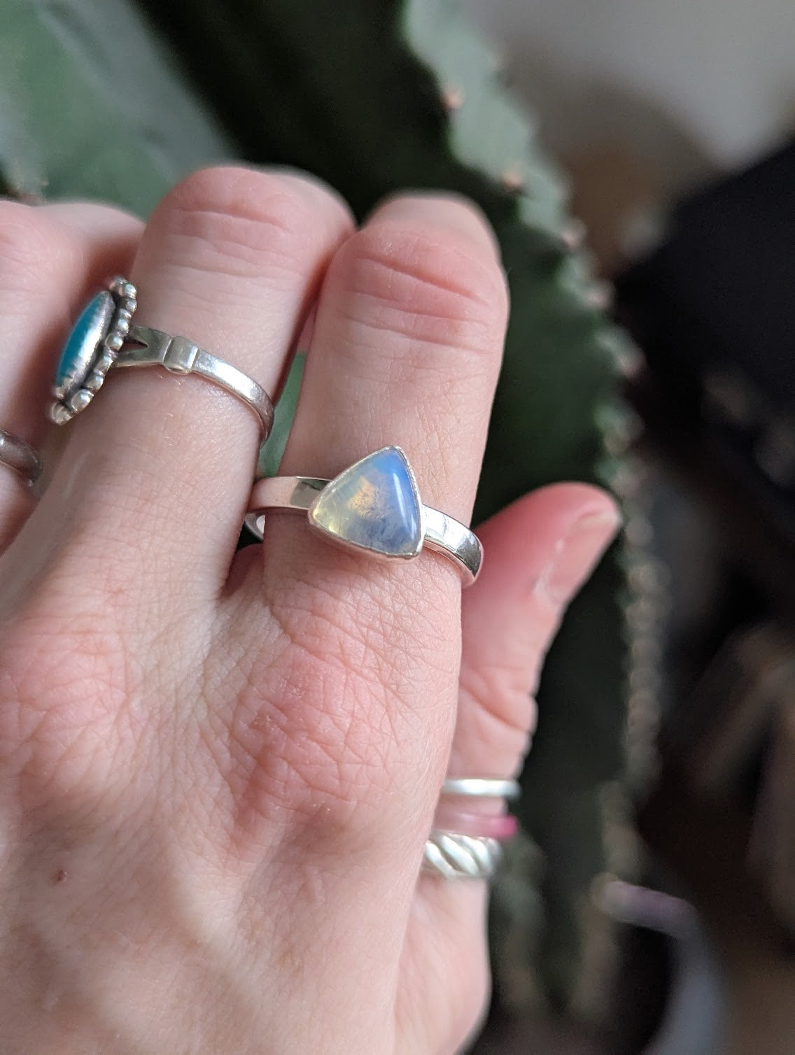 Opalite Trillion Silver Ring - Size 10.5