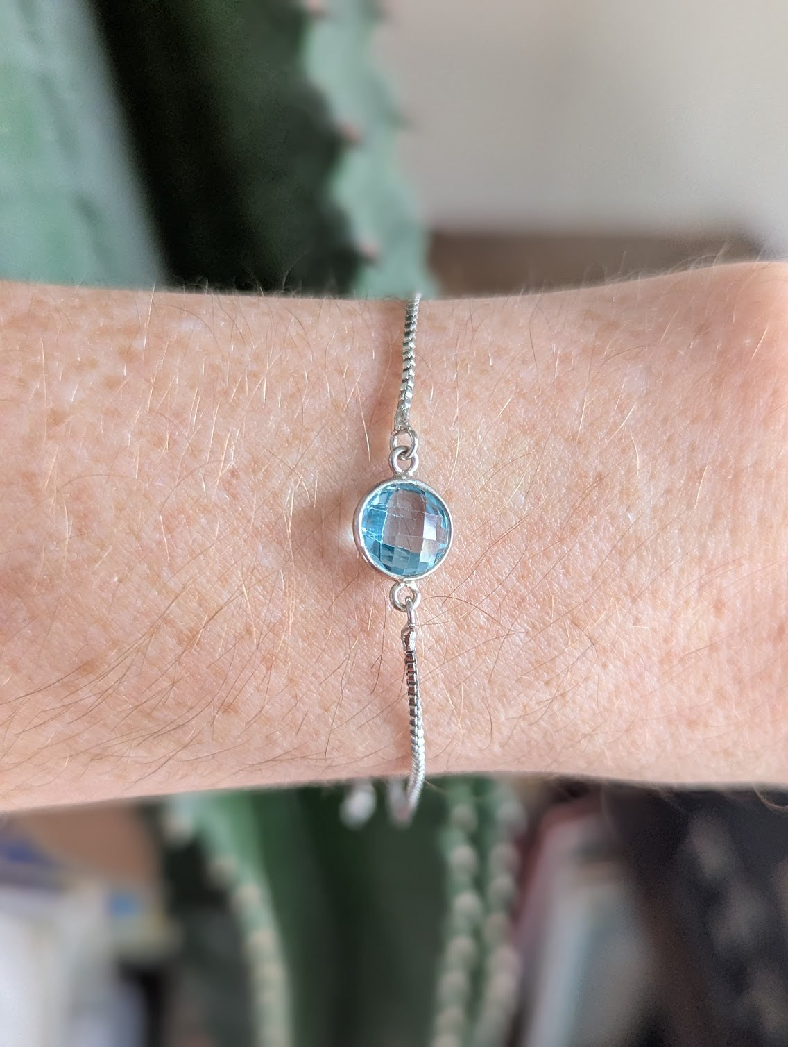 Faceted Aquamarine Silver Slider Bracelet