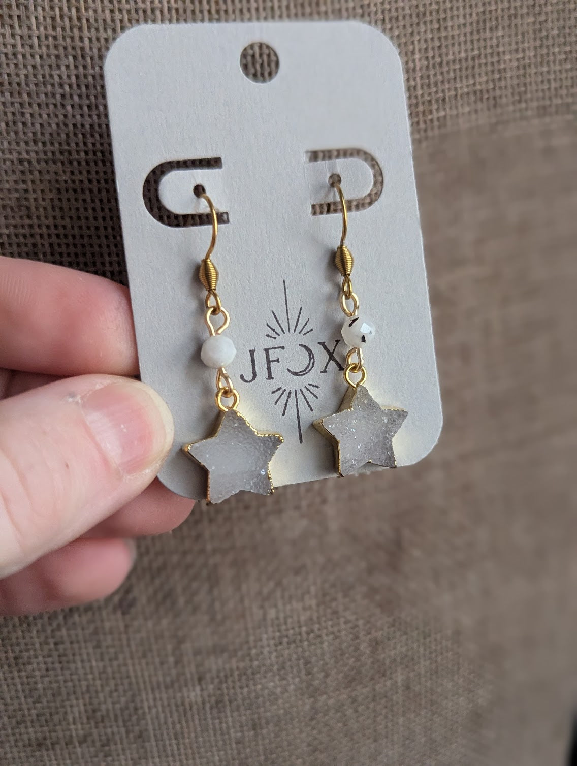 White Druzy Star Moonstone Gold Earrings