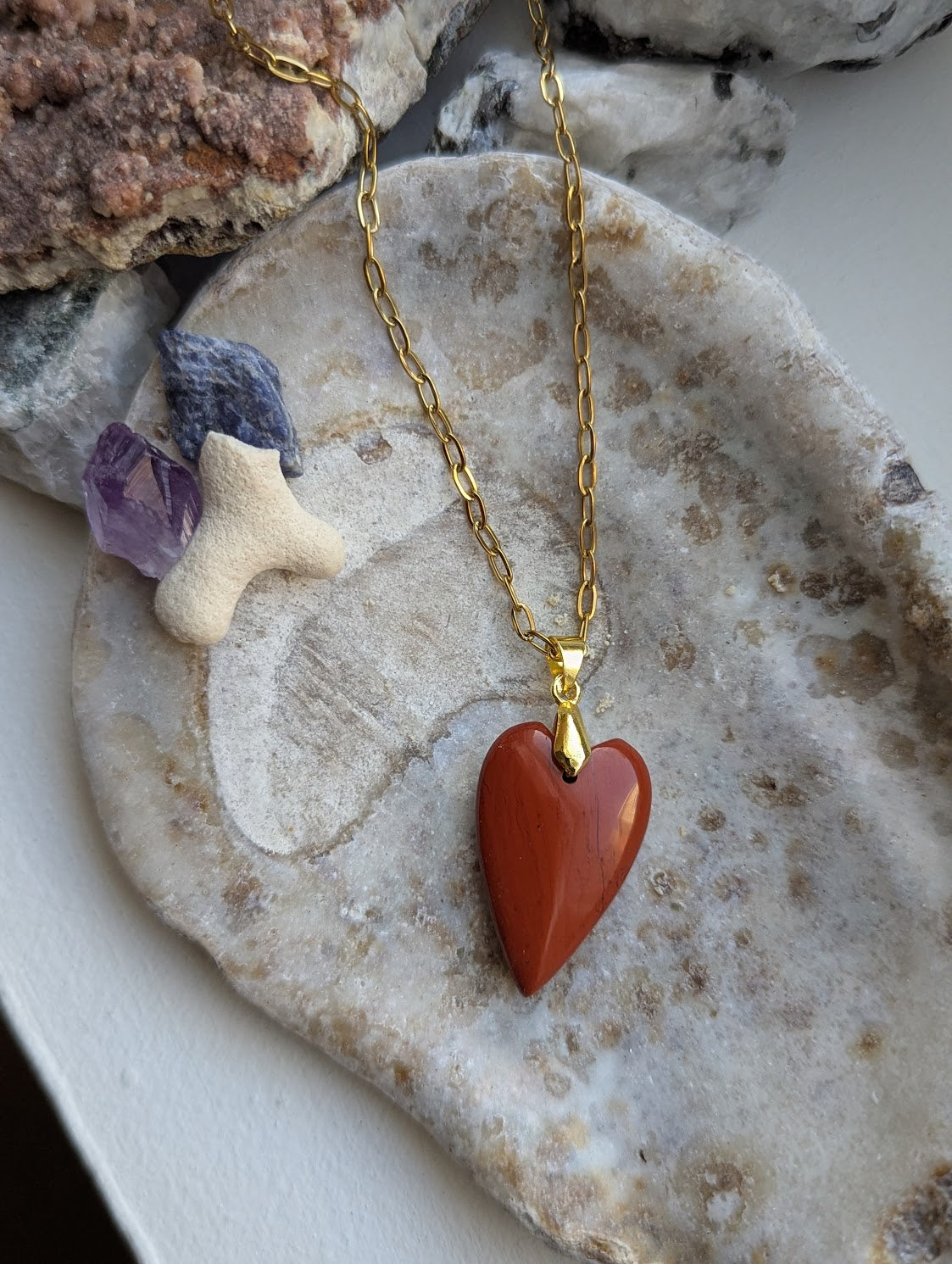 Red Jasper Heart Gold Paperclip Necklace