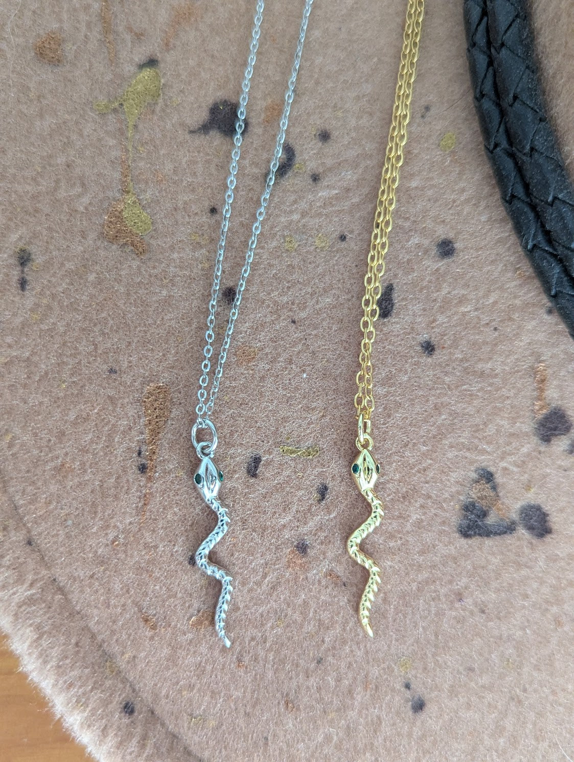 Textured Green Eyed Snake Necklace (Silver or Gold)