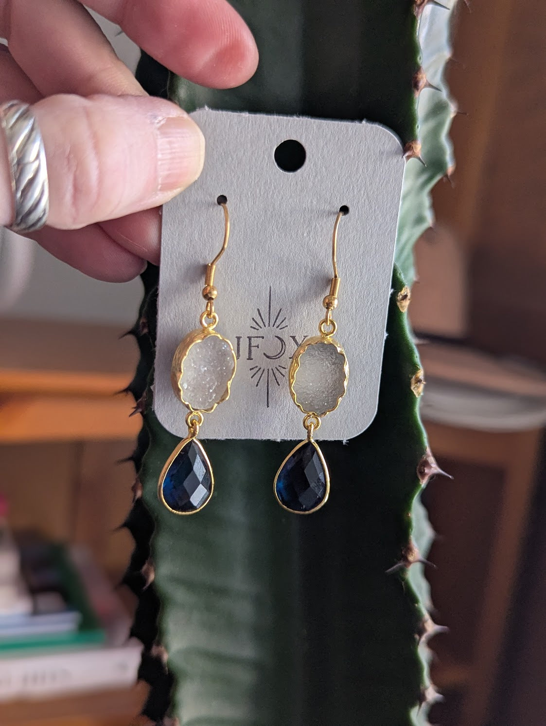 White Druzy and Navy Crystal Gold Earrings