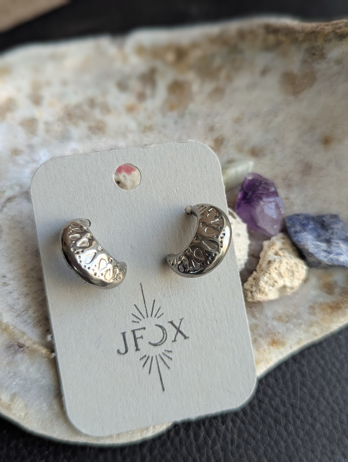 Hammer Textured Crescent Hoop Studs SIlver Stainless