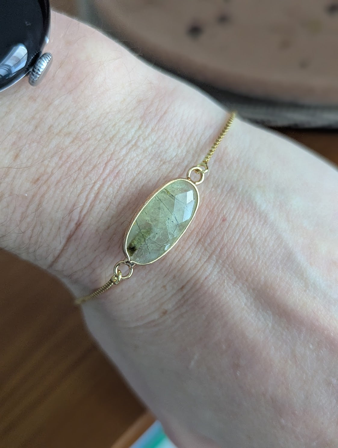 Faceted Prehnite Oval Gold Slider Bracelet