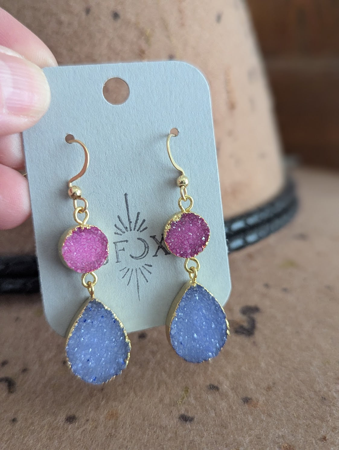 Pink and Purple Druzy Duo Gold Earrings
