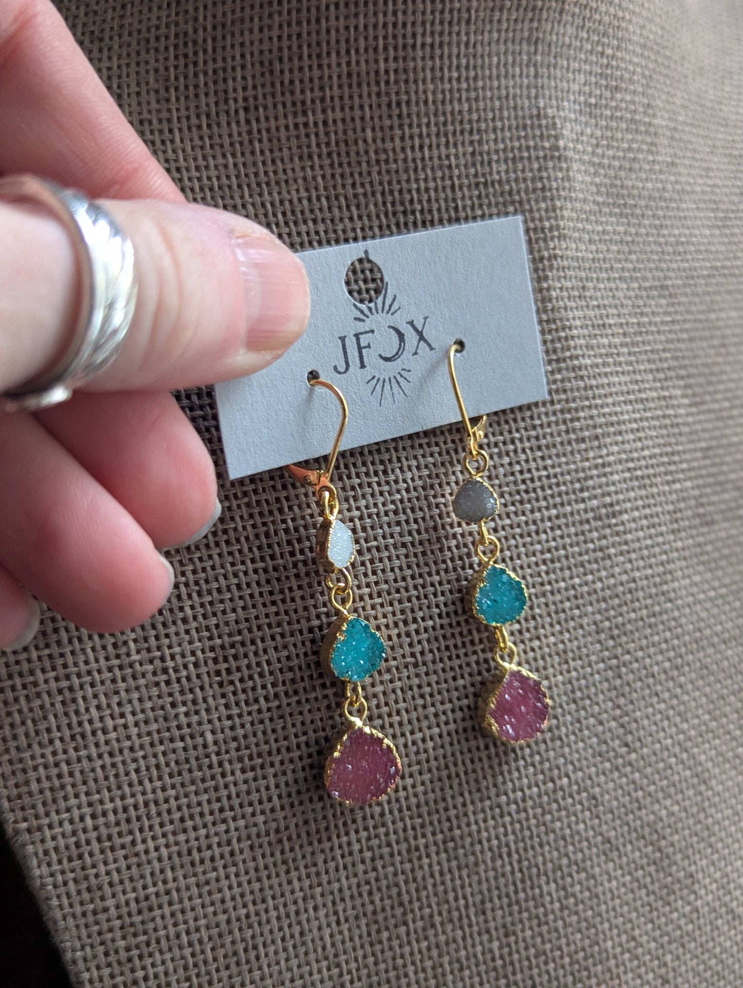 White, Green, Red Druzy Trio Gold Hoop Earrings