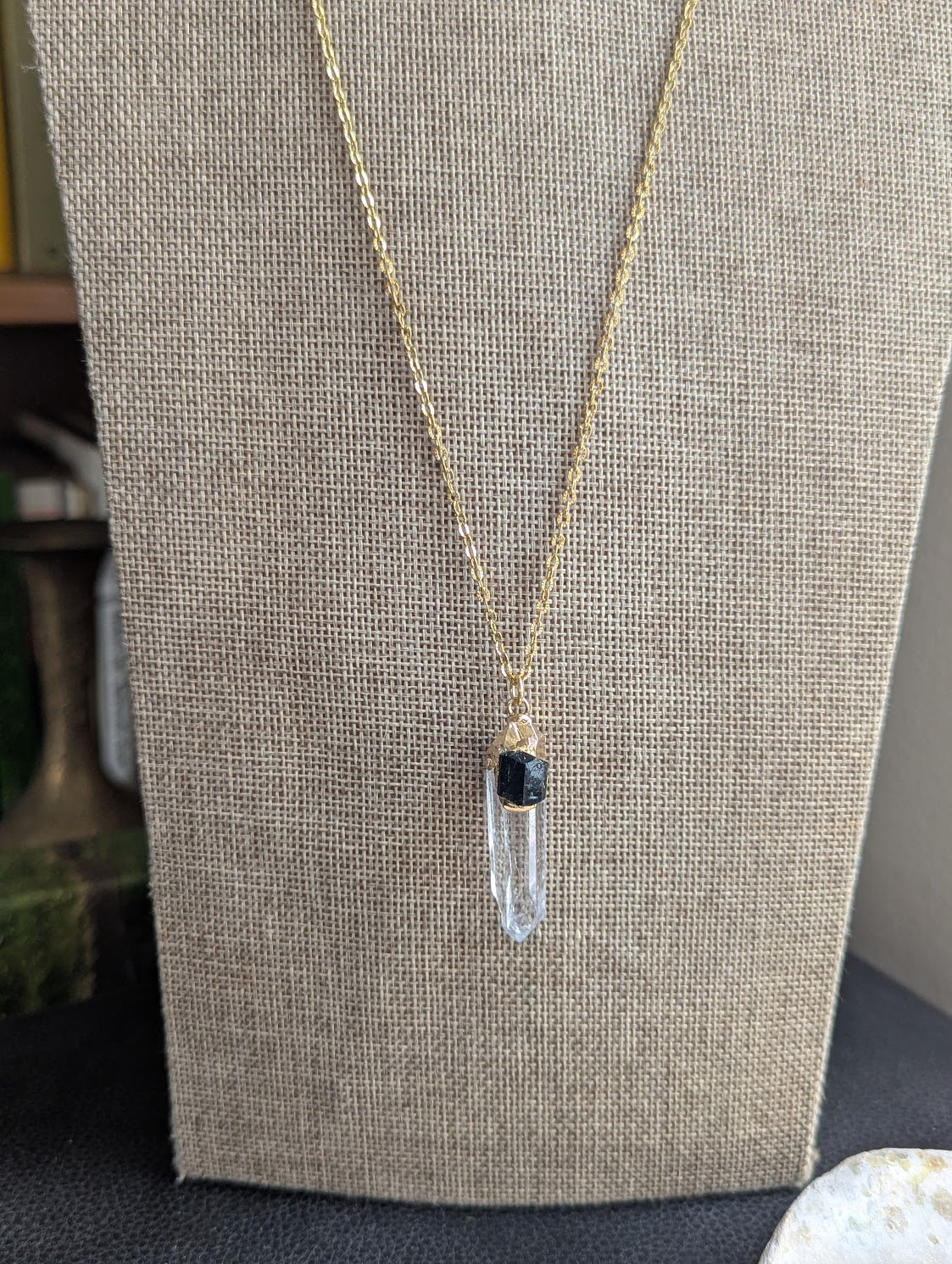 Clear Quartz Point and Black Tourmaline Gold Necklace