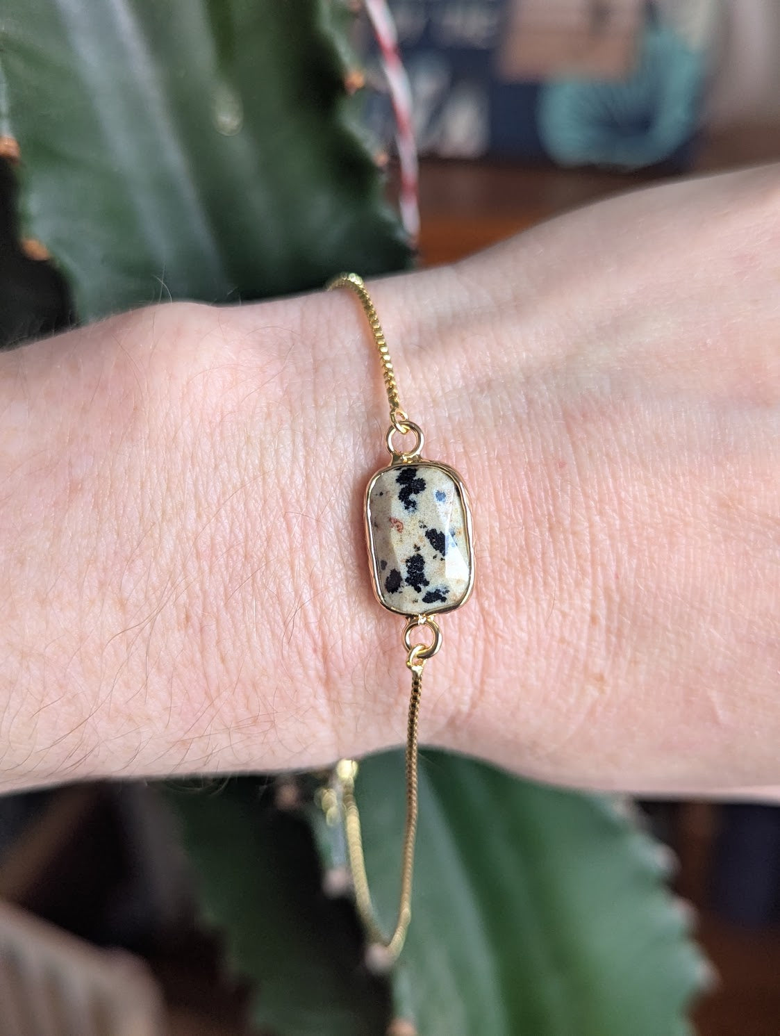 Dalmatian Jasper Rectangle Gold Slider Bracelet