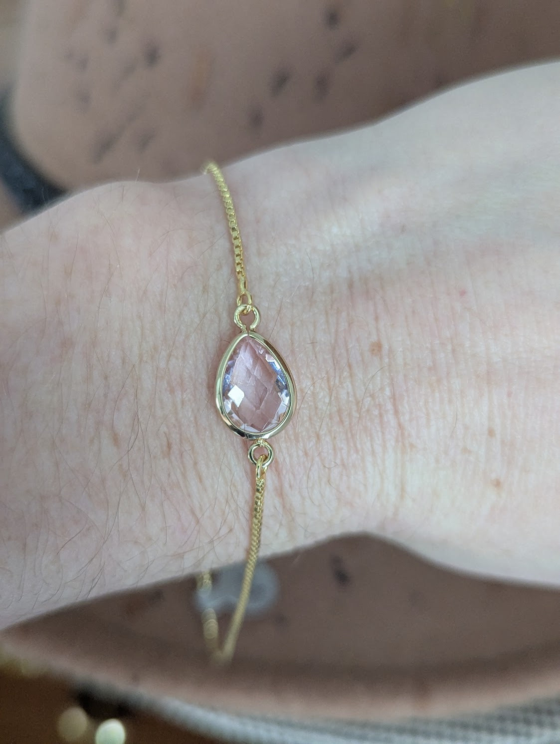 Pink Faceted Tear Drop Quartz Gold Slider Bracelet