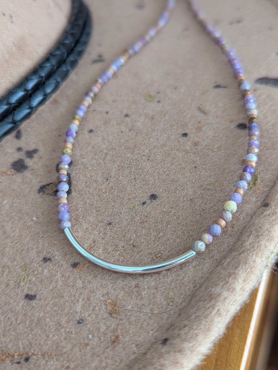 Phosphosiderite Beaded Curved Bar Necklace (Silver and Gold)