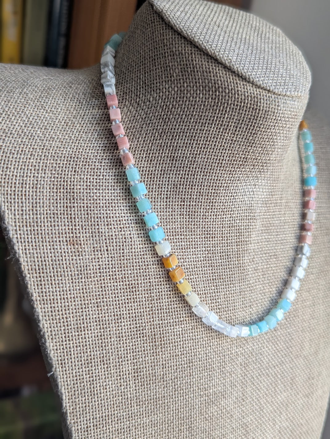 Golden Healer, Howlite, Amazonite, Rhodonite, Clear Quartz Square Beaded Necklace