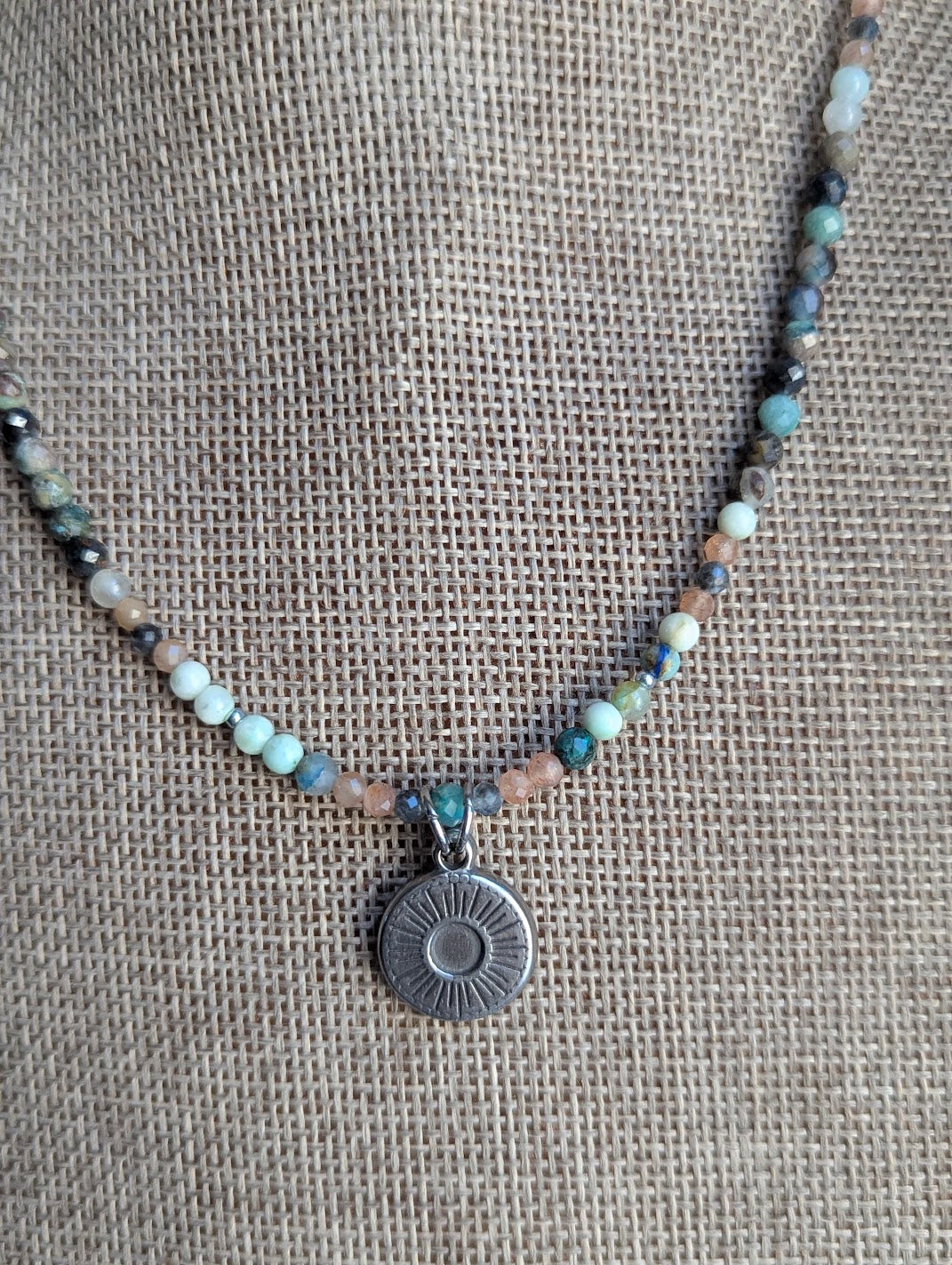 Chrysoprase, Amazonite and Peach Moonstone Beaded Silver Sun Necklace