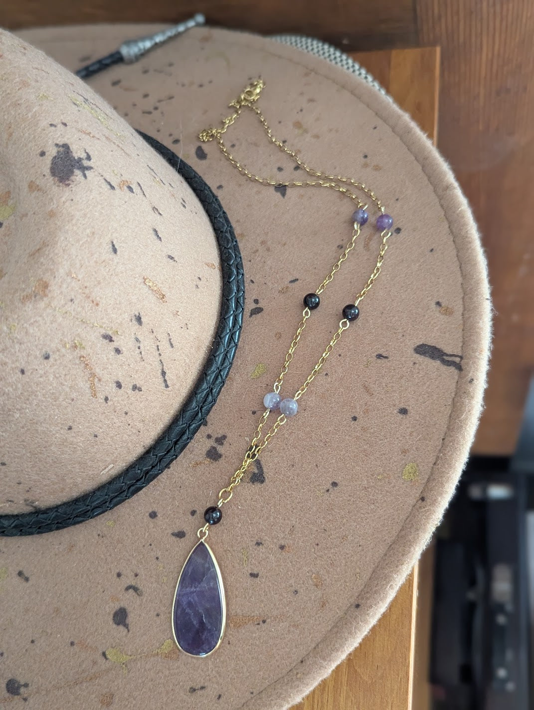 Amethyst and Garnet Beaded Gold Necklace