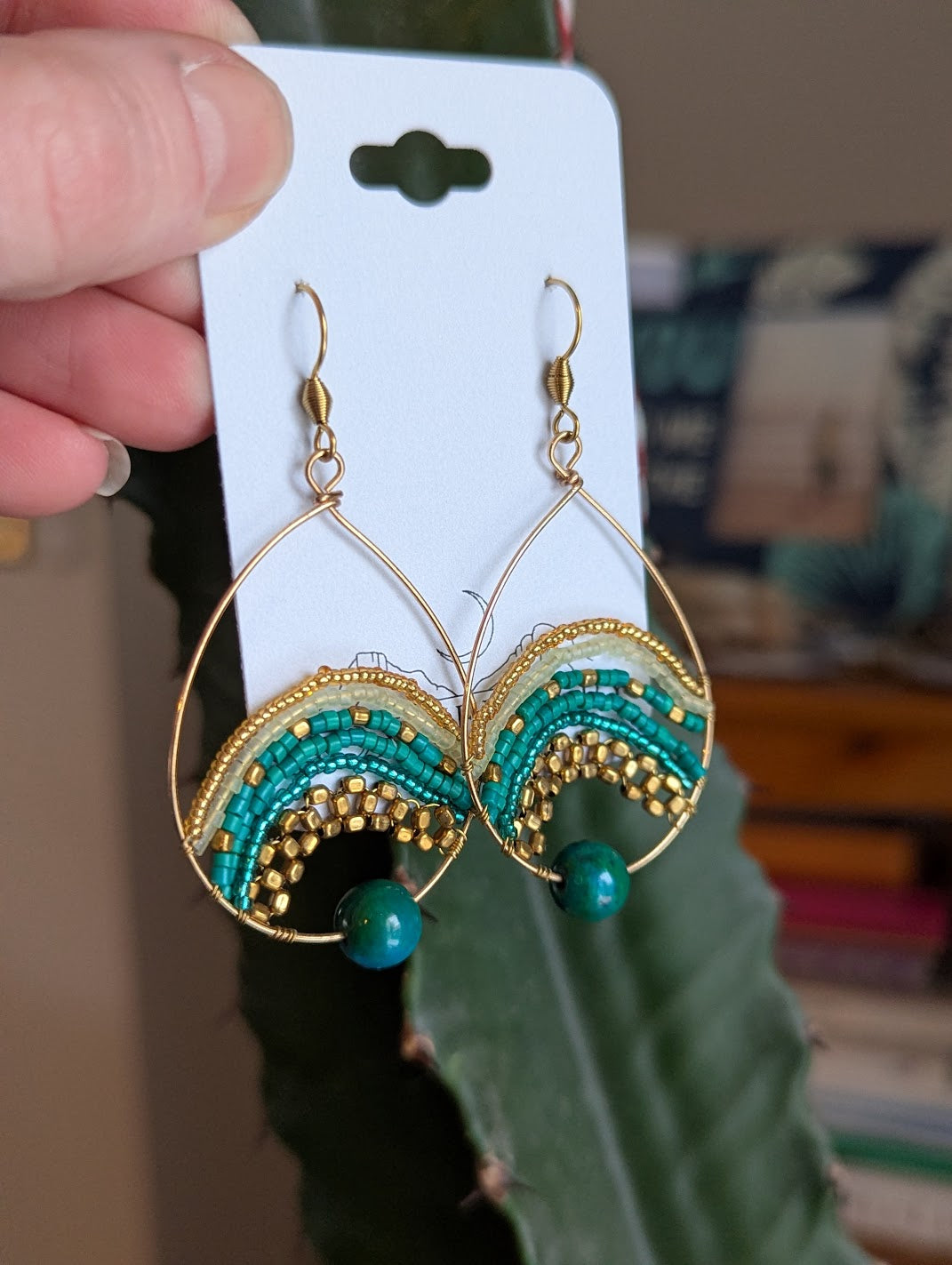 Gold, Brass and Green Beaded Tear Drop Gold Earrings
