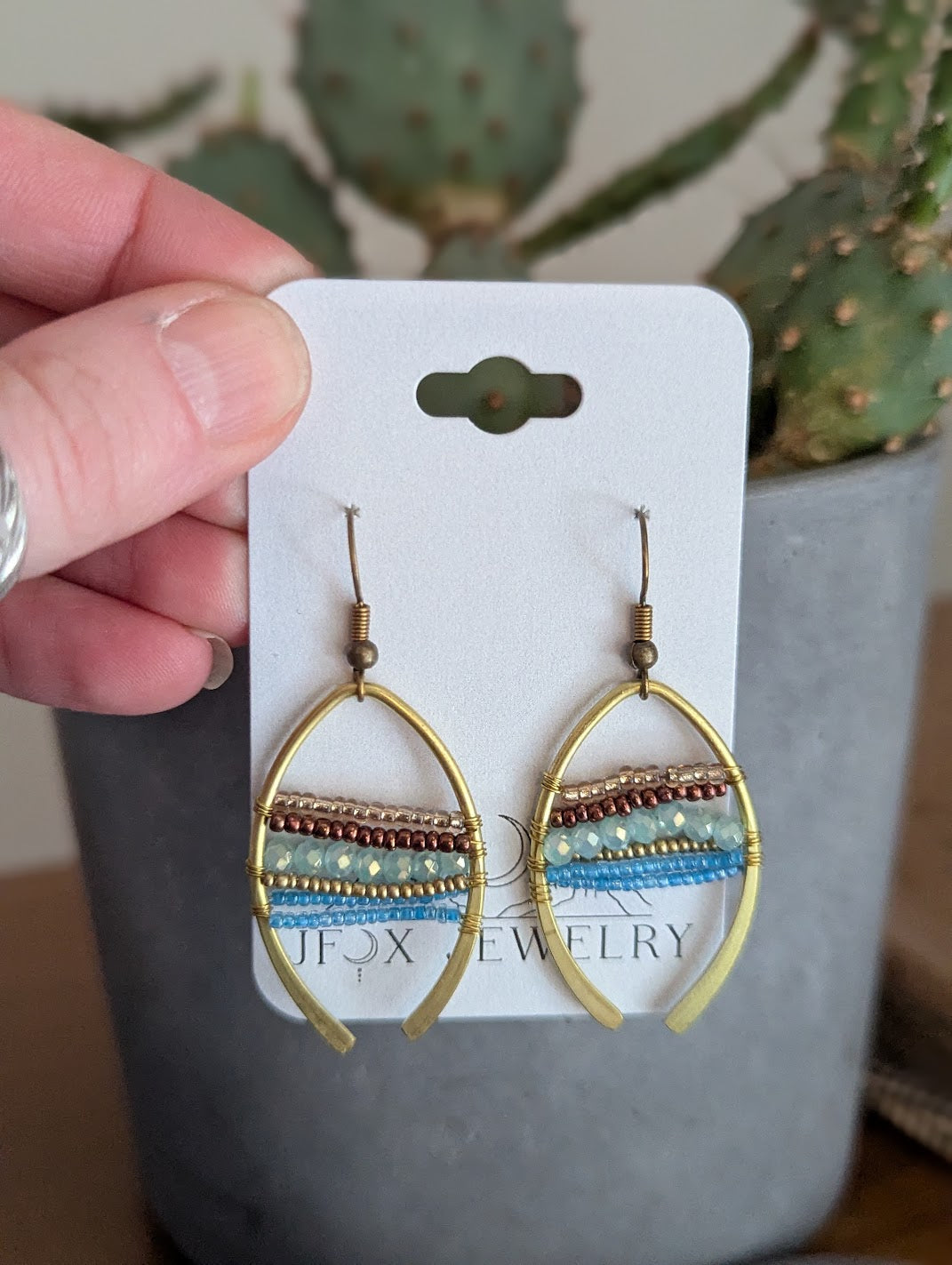Beaded Brass Hammered Arch Earrings