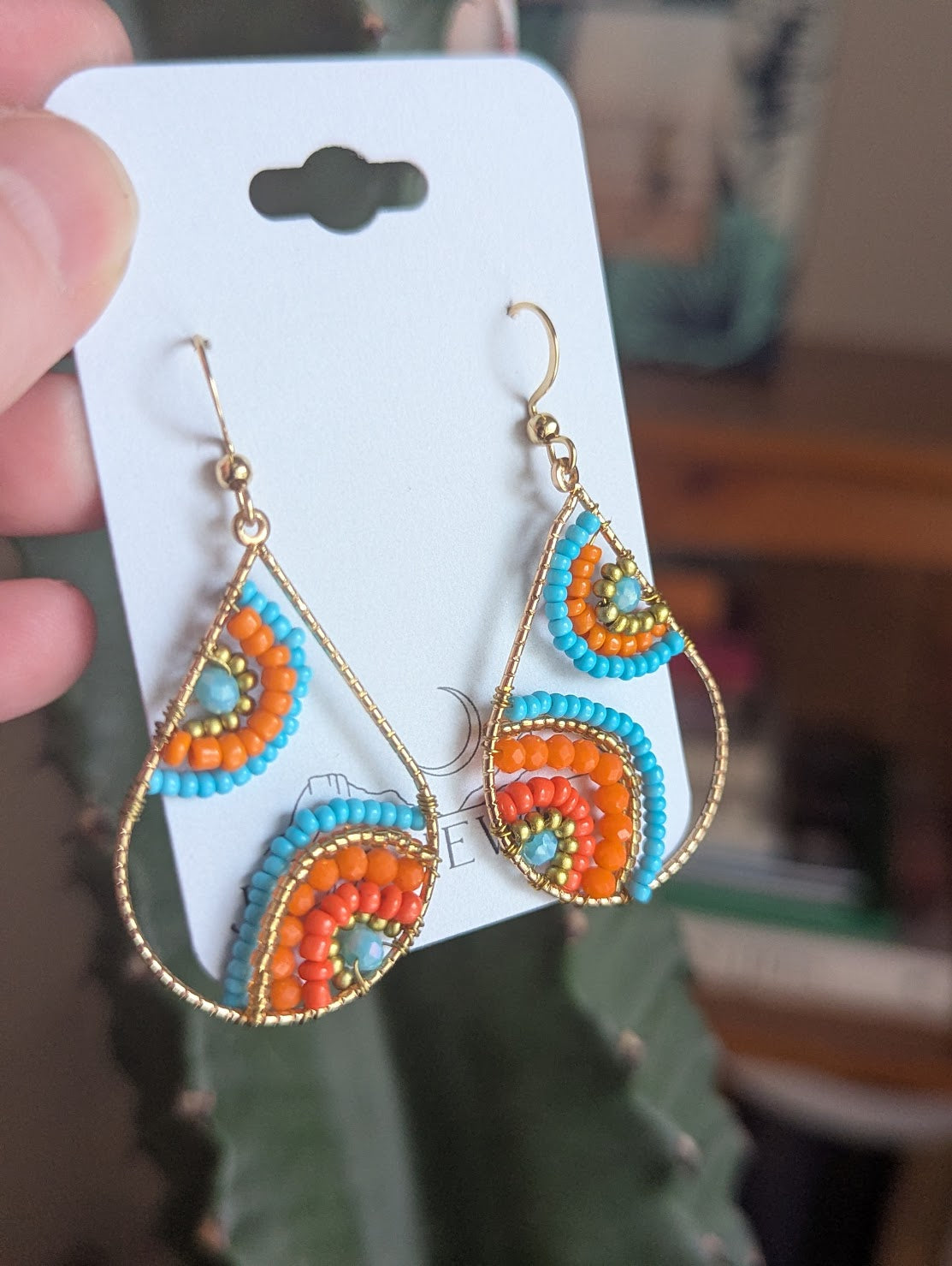 Blue and Orange Flower Beaded Tear Drop