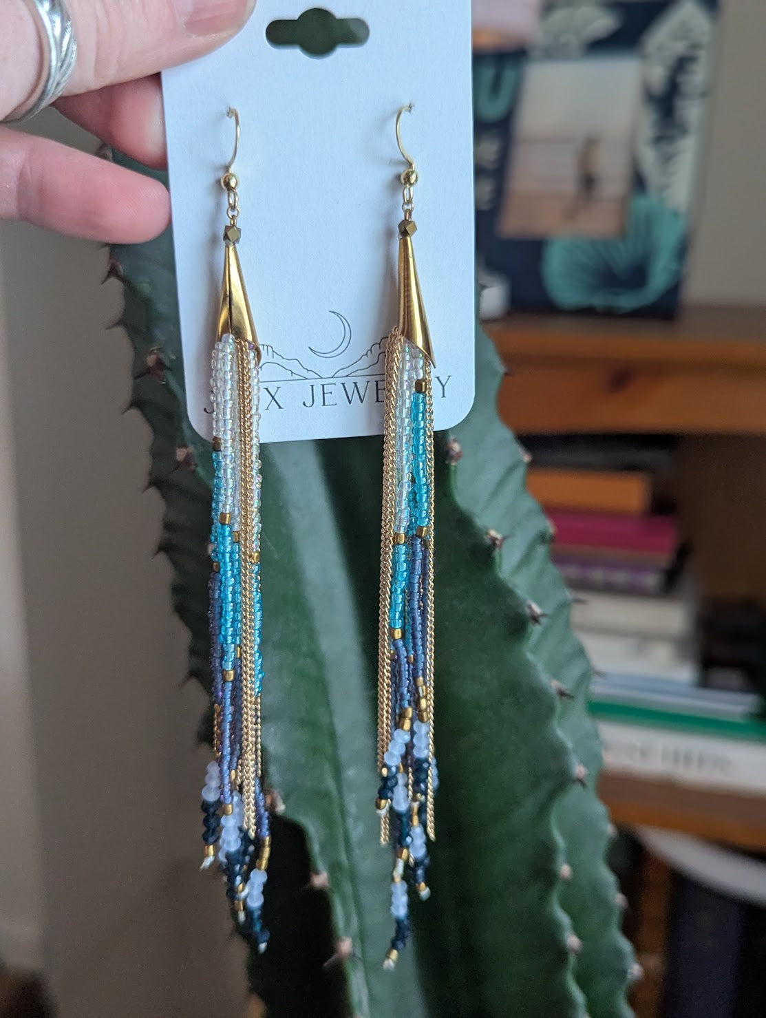 Long Beaded Blue Tassel Earrings