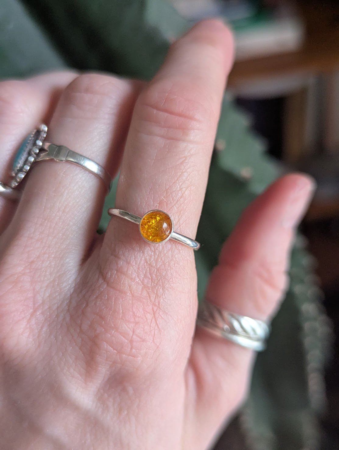 6mm Amber Sterling silver Ring - size 9.5