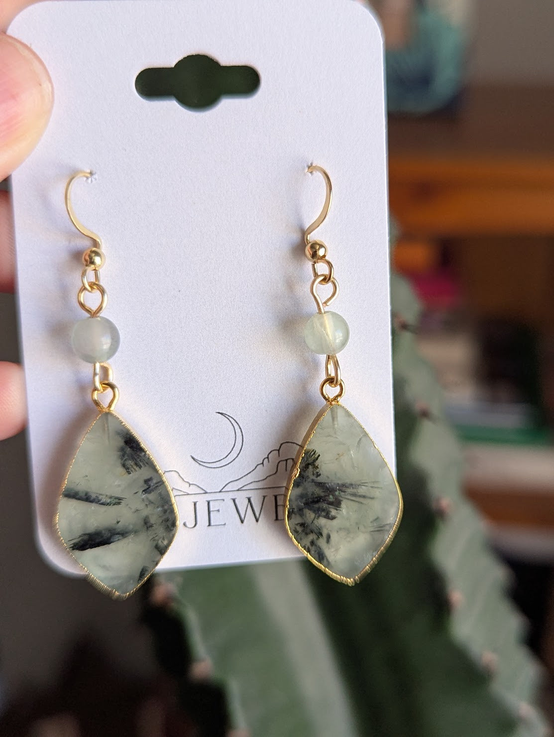Prehnite and Fluorite Gold Earrings