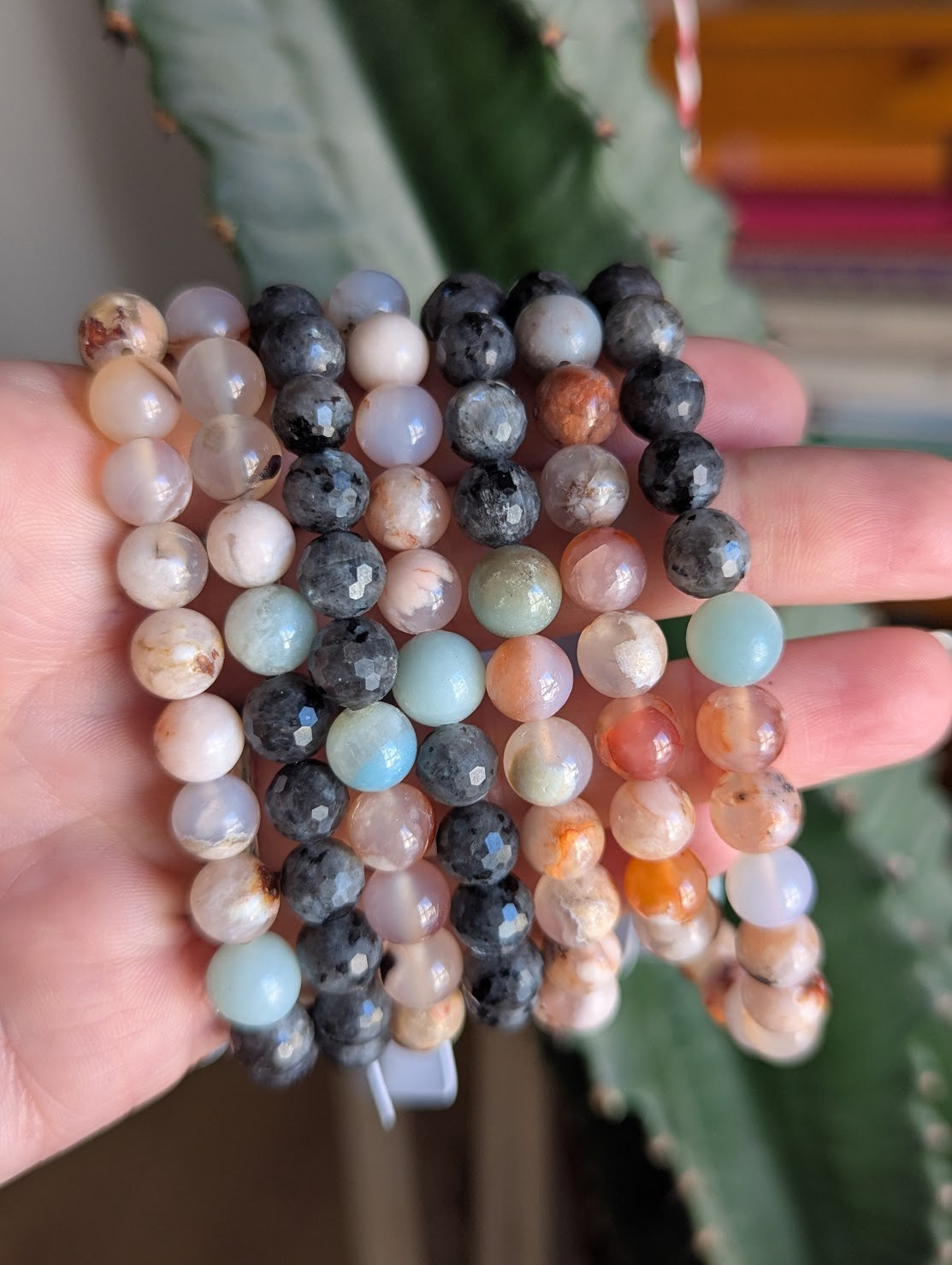 Cherry Flower Agate, Larvikite & Amazonite Stretch Bracelet (Various Sizes Available)