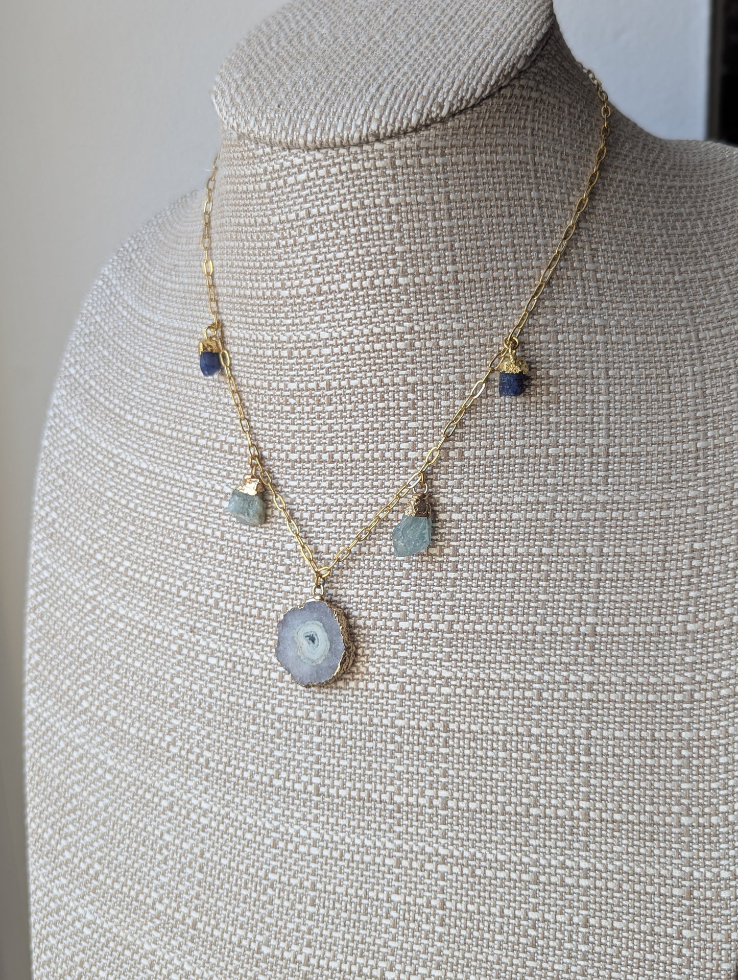 White Agate Slice with Aquamarine and Kyanite Charm necklace