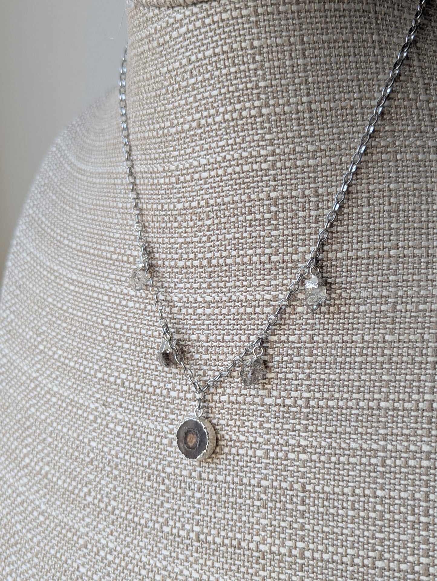 Agate and Herkimer Diamond Gemstone Silver Charm Necklace