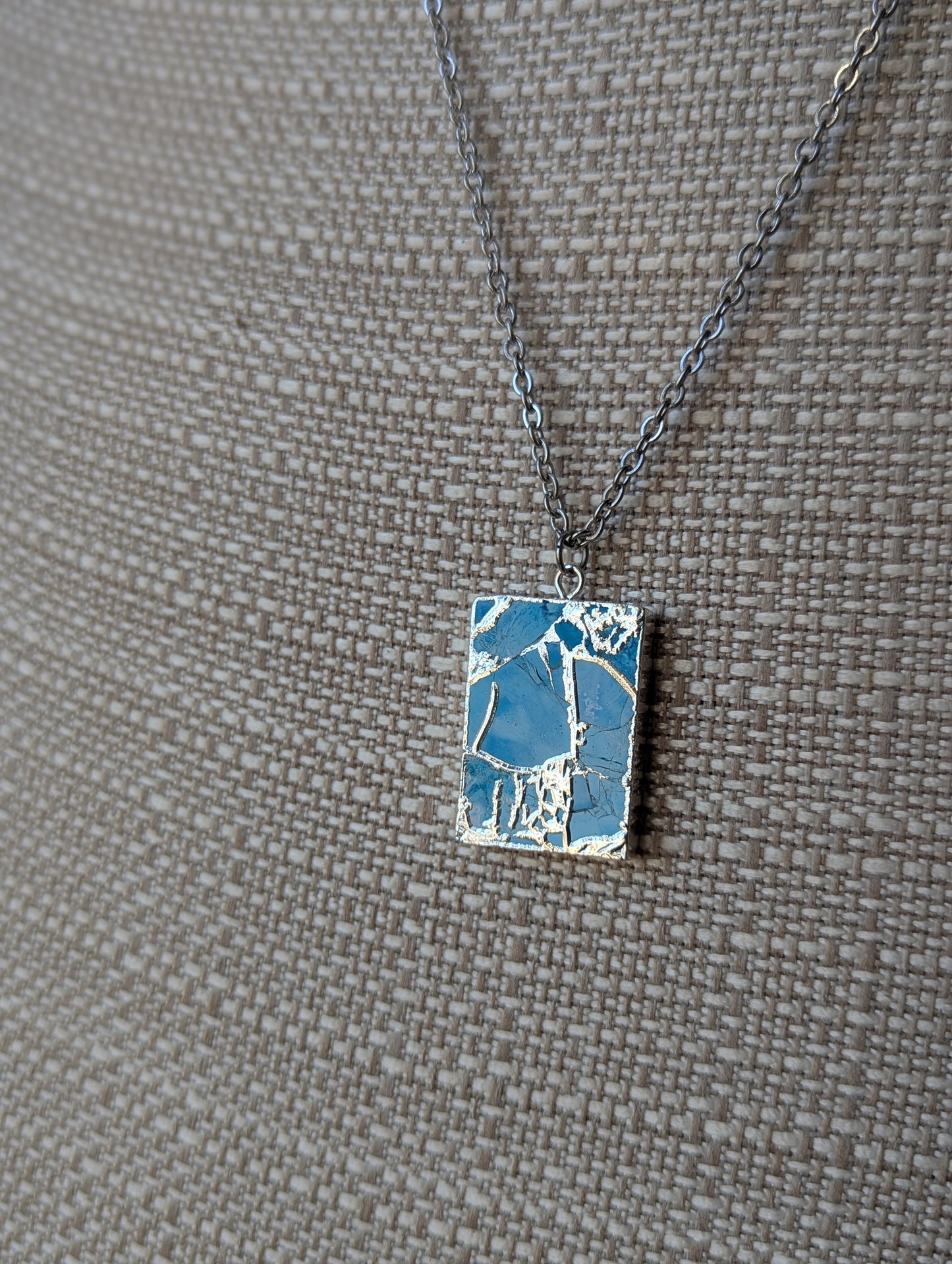 Light Blue Mosaic Silver Rectangle Necklace