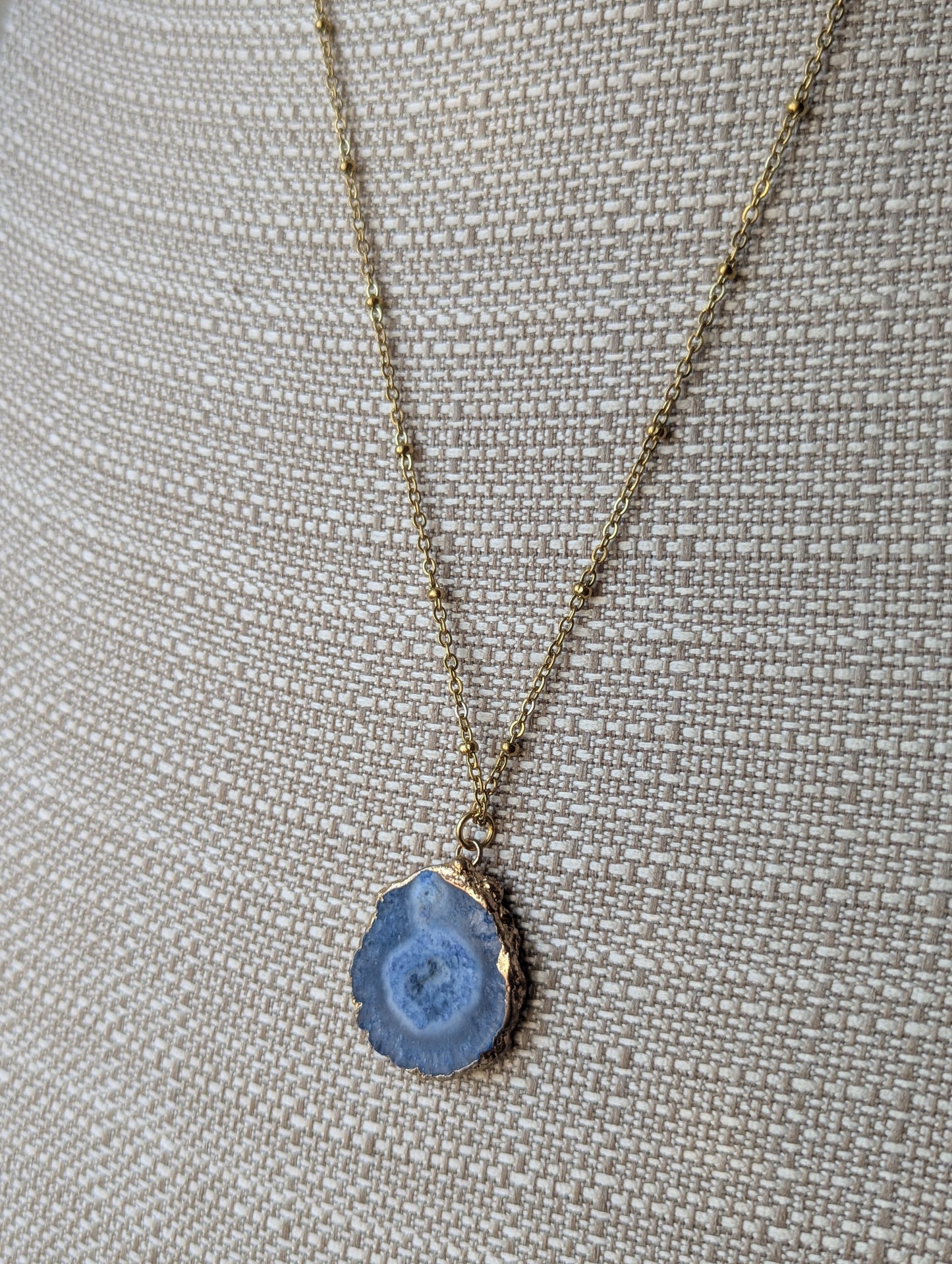 Blue Agate Slice Gold Long Necklace