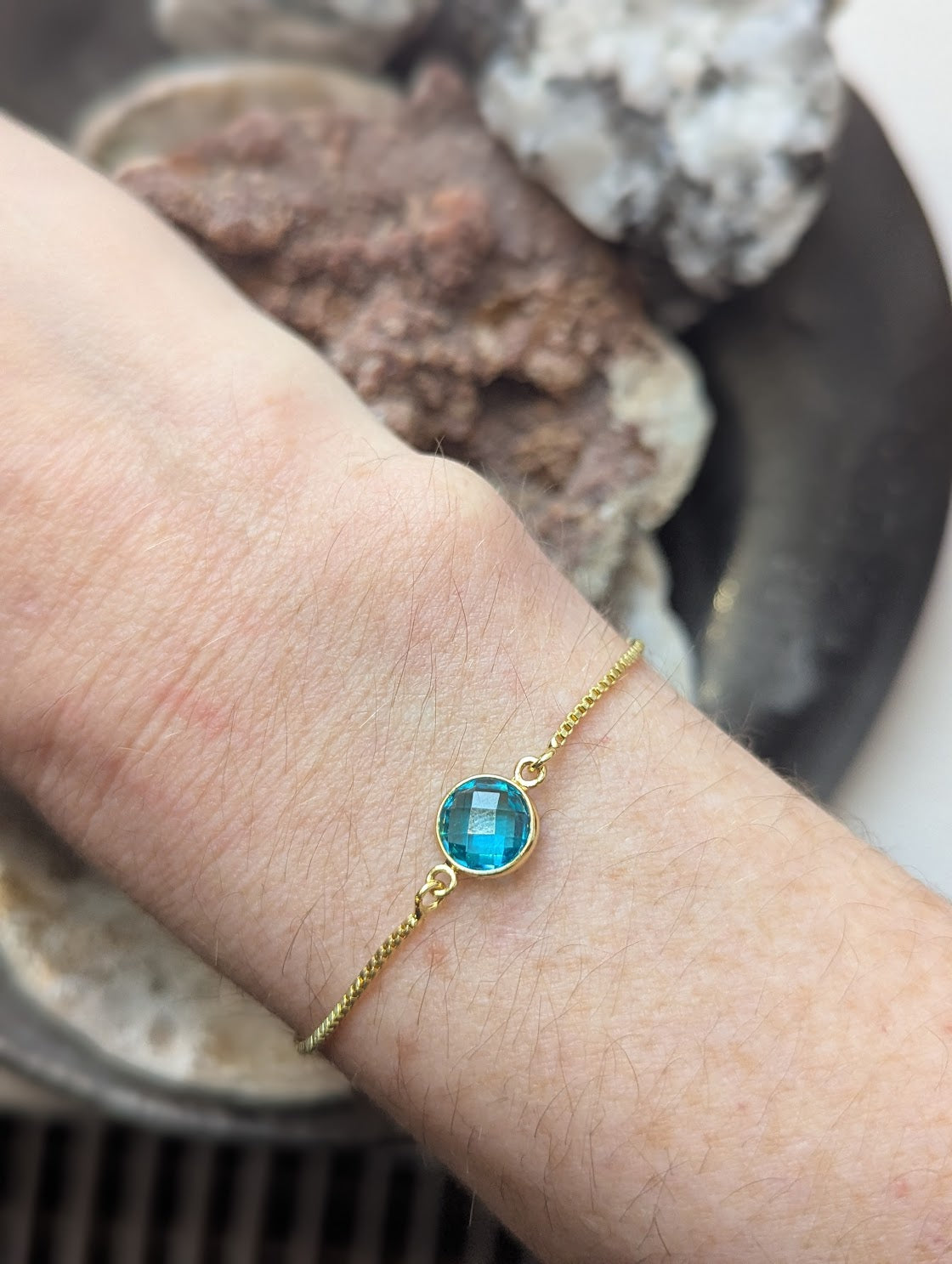 Aqua Faceted Round Gold Slider Bracelet