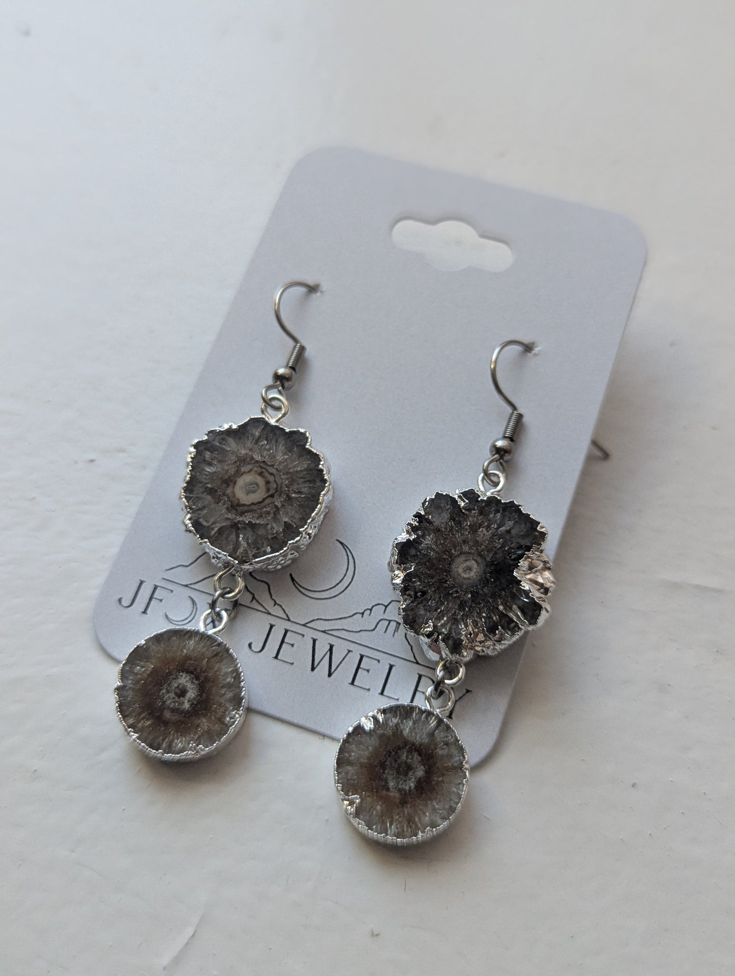 Brown Agate Slice Silver Duo Earrings