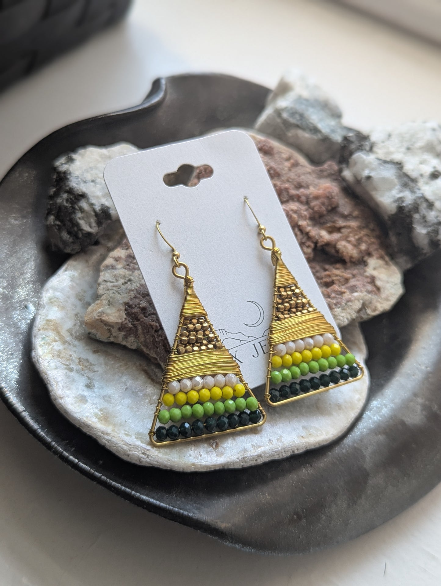 Green and Yellow Beaded Wire-wrapped Triangle Brass Earrings