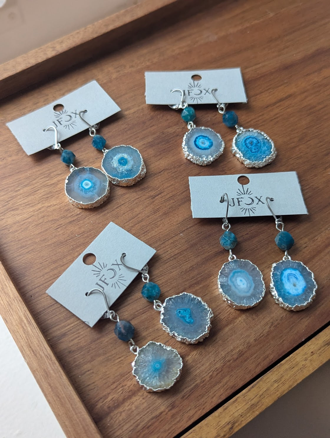 Blue Agate Slice Apatite Silver Hoops Earrings