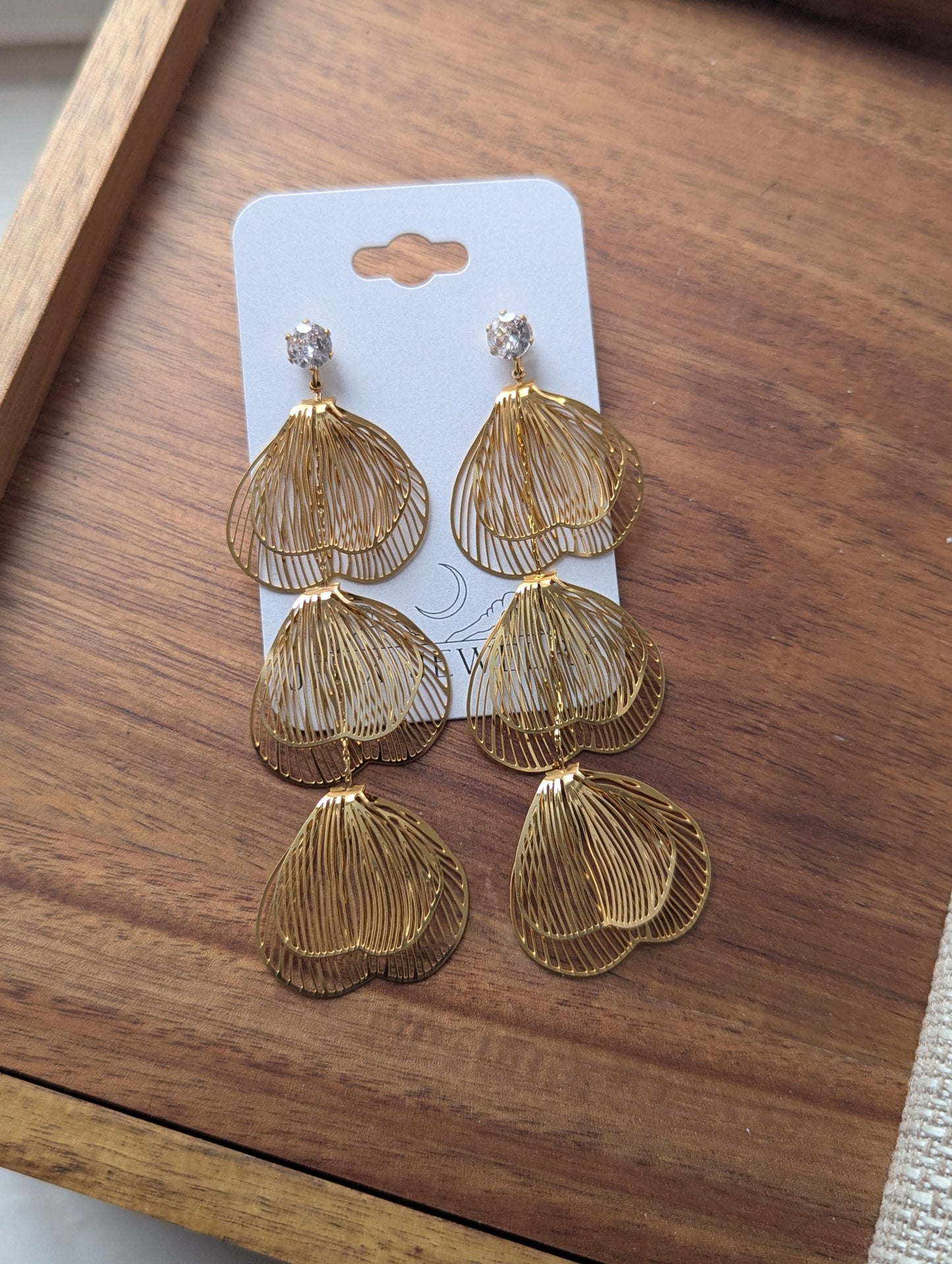 Gold Flower Petal Trio Long Gold Earrings