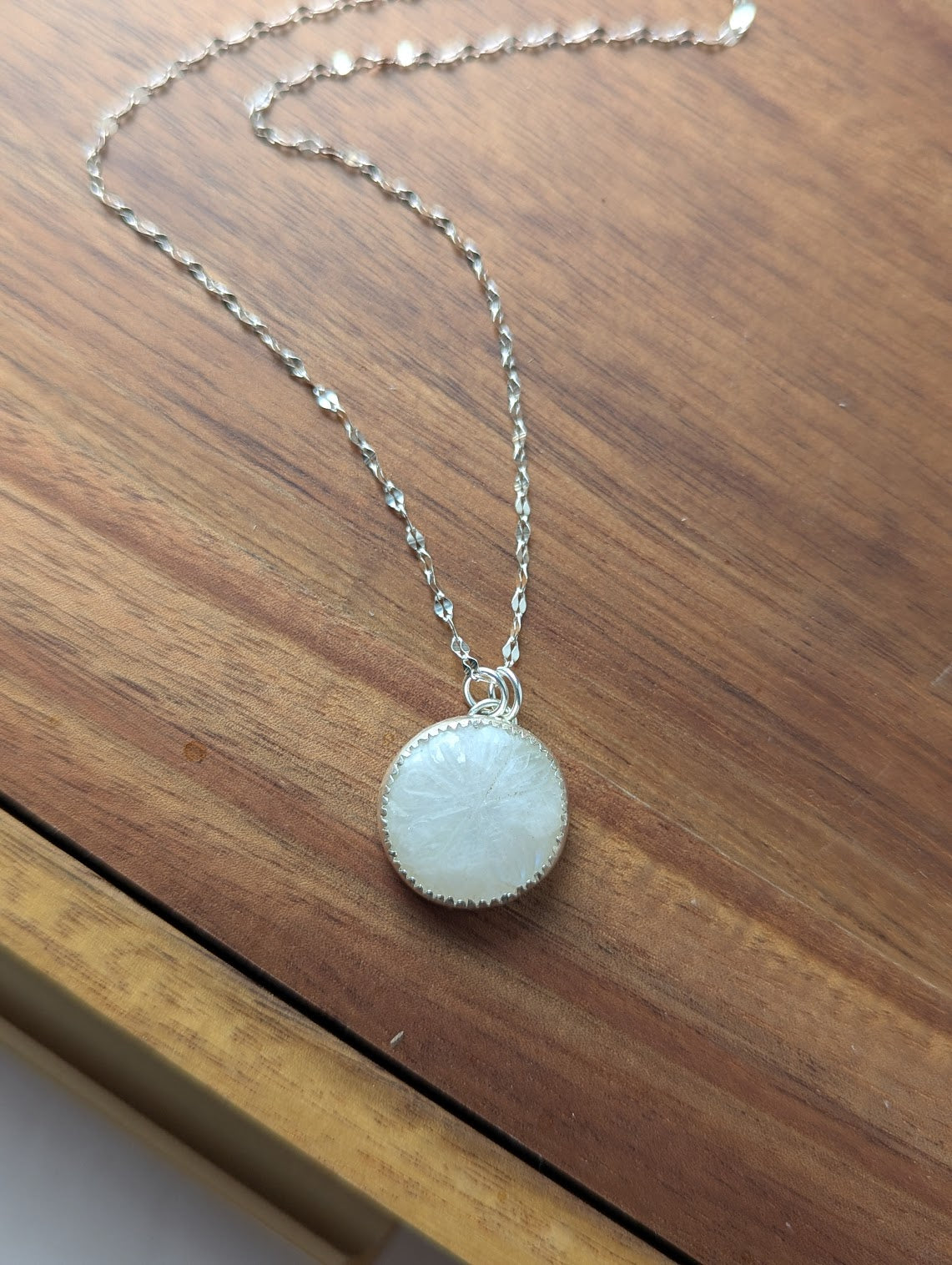 Carved Rainbow Moonstone Silver Necklace