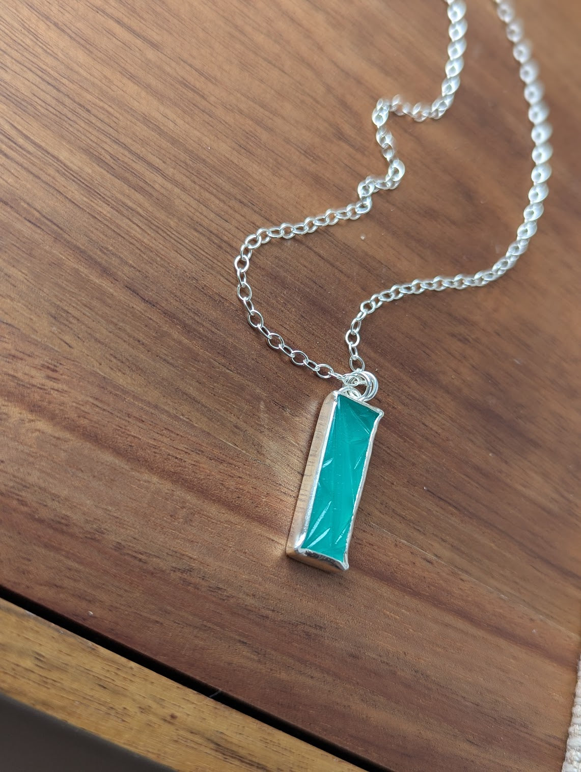 Carved Aqua Chalcedony Rectangle Sterling Silver Necklace
