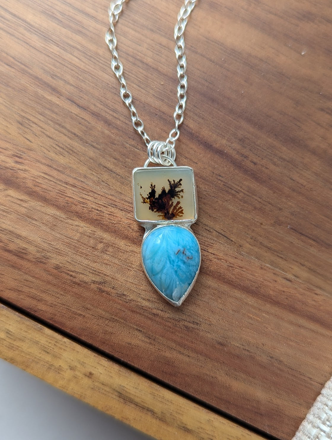 Dendritic Agate Carved Larimar Duo Sterling Silver Necklace