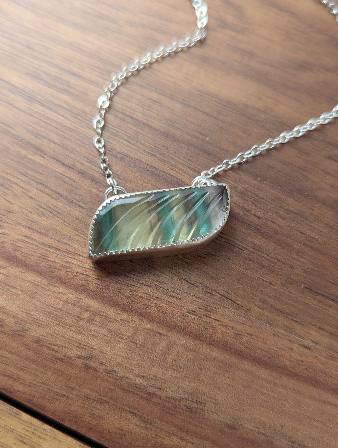 Carved Rainbow Fluorite Wave Sterling Silver Necklace