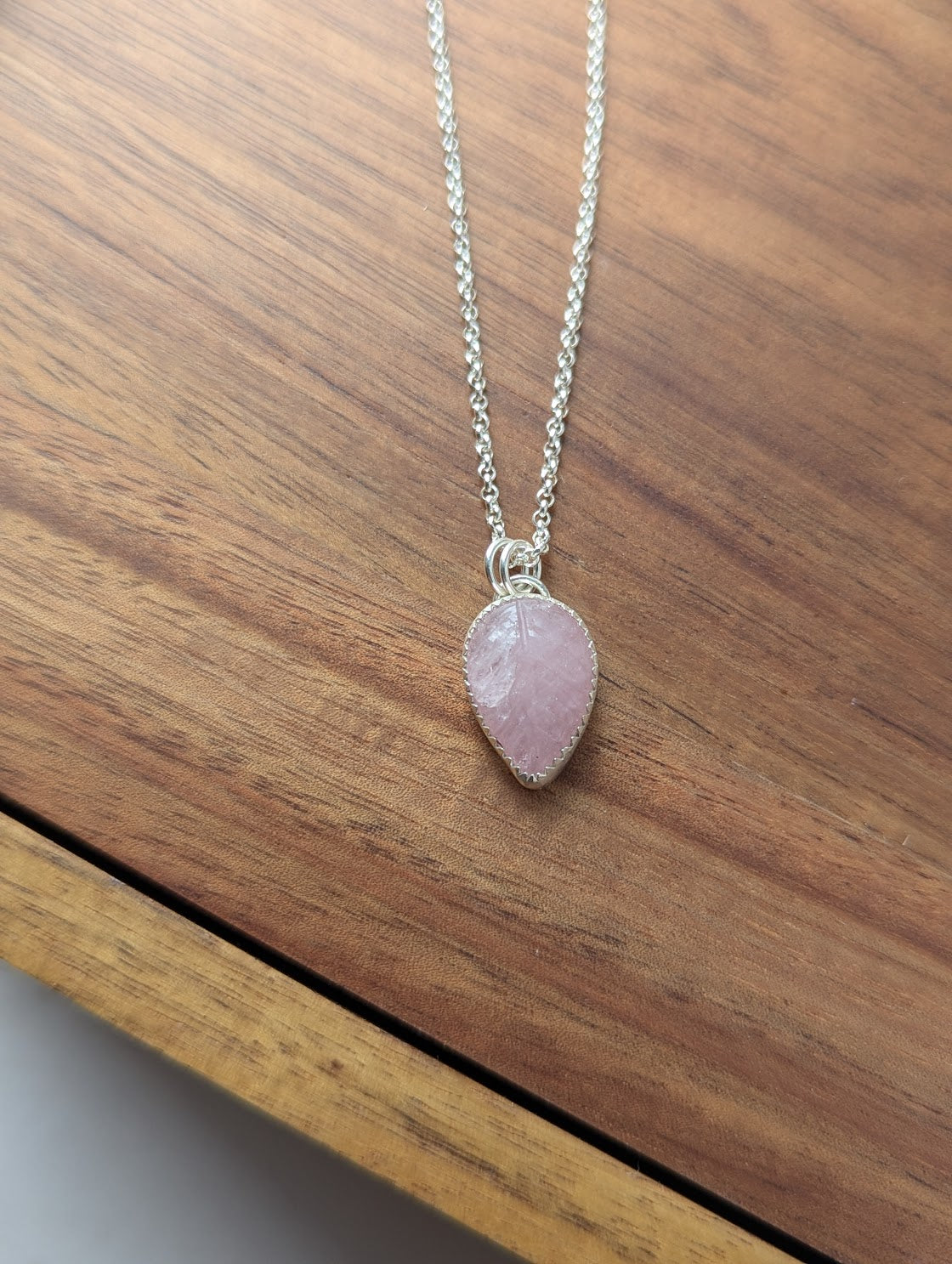 Carved Leafy Rose Quartz Sterling Silver Necklace