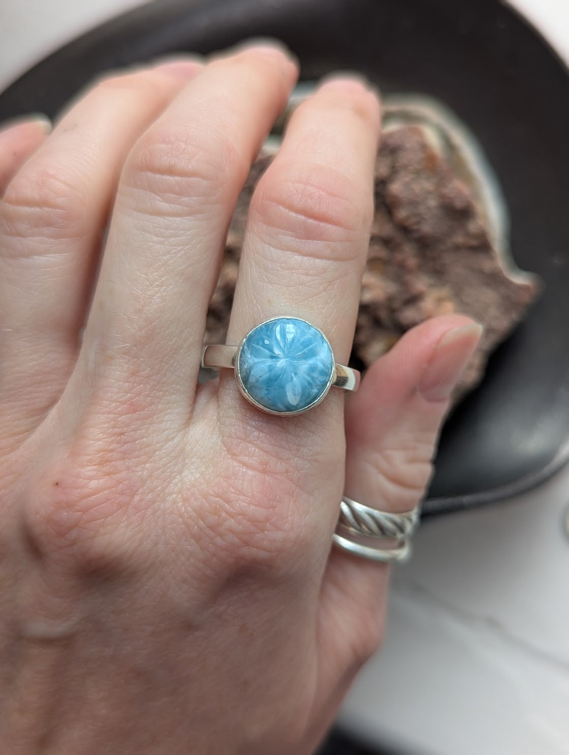 Carved Flower Larimar Round Sterling Silver Ring - Size 11