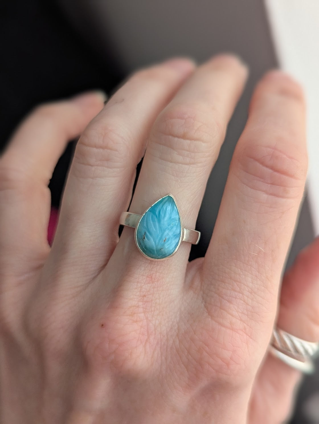 Carved Leafy Larimar Sterling Silver Ring - Size 6.5