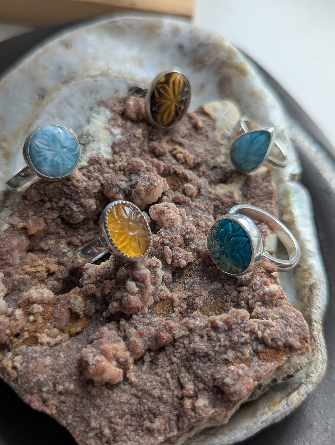 Carved Flower Citrine Oval Sterling Silver Ring - Size 8